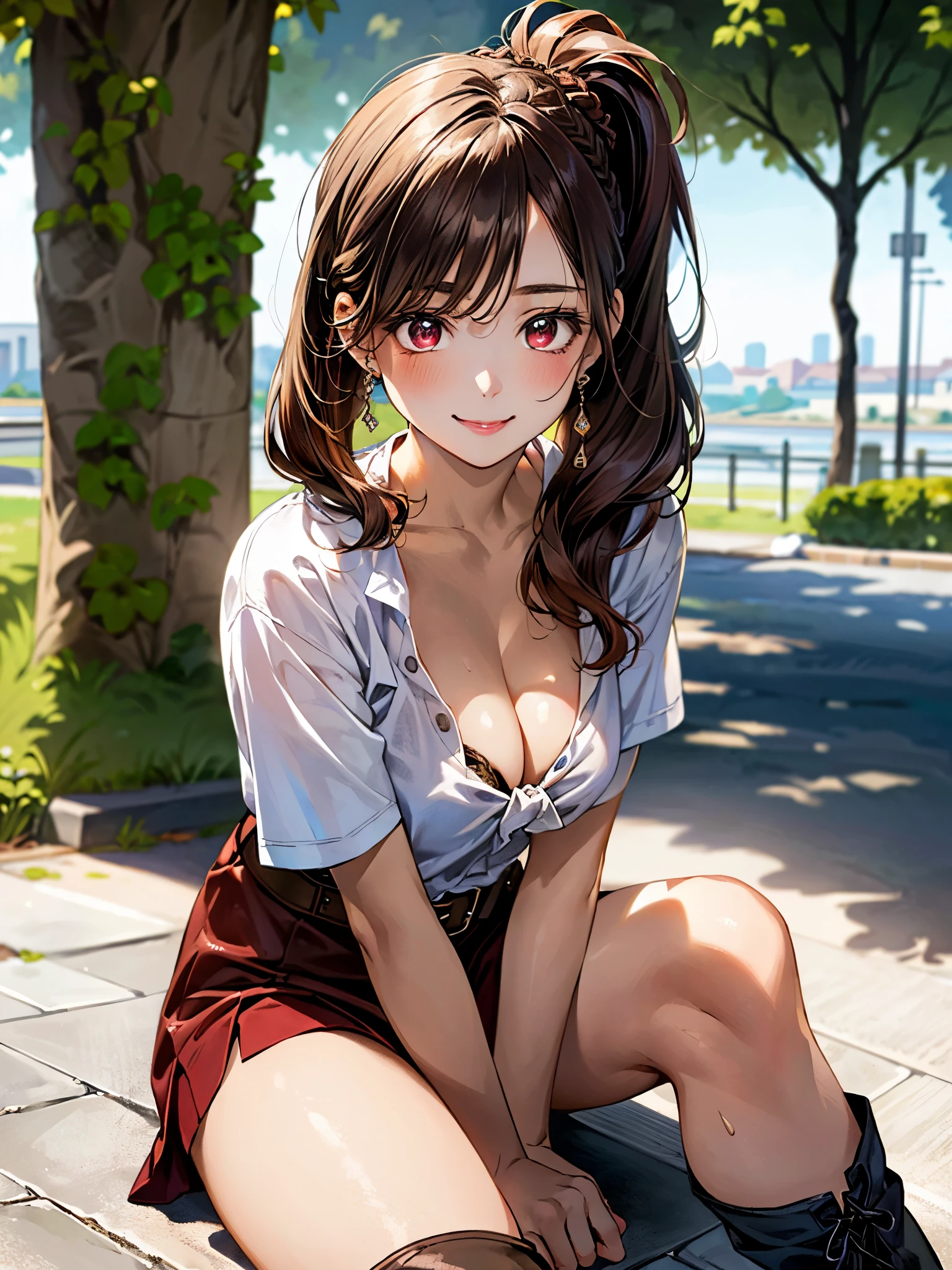 (masterpiece:1.3, top-quality, ultra high resolution, ultra detailed), (realistic, photorealistic:1.4), beautiful illustration, perfect lighting, natural lighting, depth of fields, 
beautiful detailed hair, beautiful detailed face, beautiful detailed eyes, beautiful clavicle, beautiful body, beautiful chest, beautiful thigh, beautiful legs, beautiful hands, 
looking at viewer, 1 girl, very cute girl, , (perfect anatomy, anatomically correct), cute and symmetrical face, babyface, pct face, perfect eyes, shiny skin, 
(long hair:1.8, side ponytail:1.1, dark red hair), bangs, maroon eyes, slant eyes, long eye lasher, (large breasts, juicy thighs, attractive thighs), 
(medieval european costumes, short sleeve shirt, cleavage, dark red mini skirt, brown braided boots, belt), 
(beautiful scenery), summer, evening, soft sunlight, (medieval cityscape, crowd), sitting, (cheeky smile), 