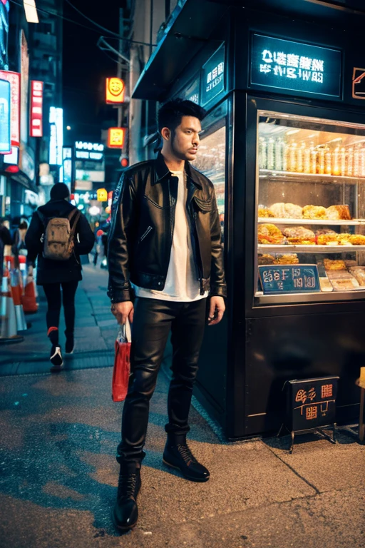 Digital Cyberpunk Art, Cyberpunk Japanese streetfood vendor, talking to an American private investigator in leather jacket masterpiece, top-quality, hightquality, high resolution