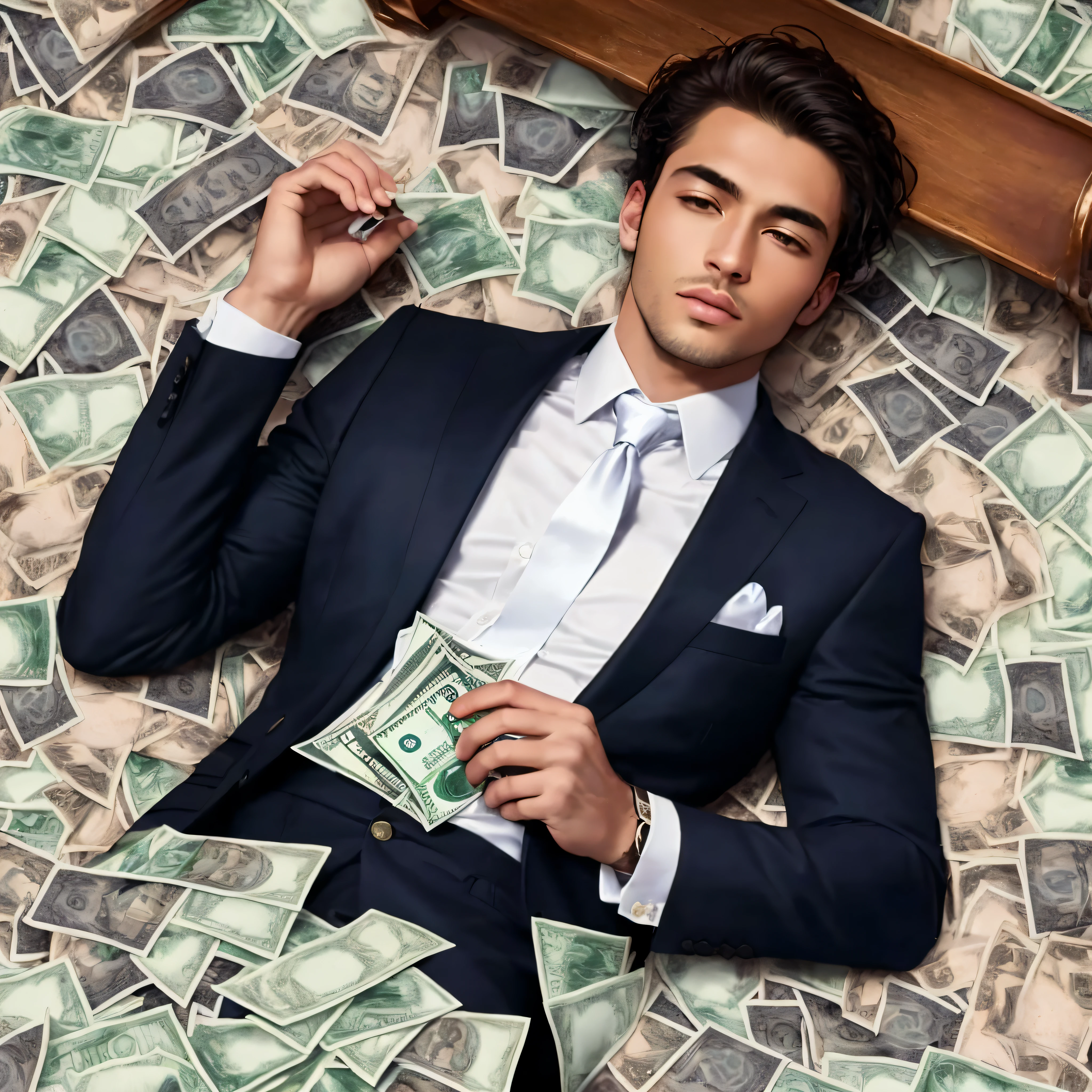 ((4k, masterpiece, best quality), light-skinned man, dark hair, wearing suit, tie, with a digital timer on his chest, scoring 1 second, lying on a pile of money