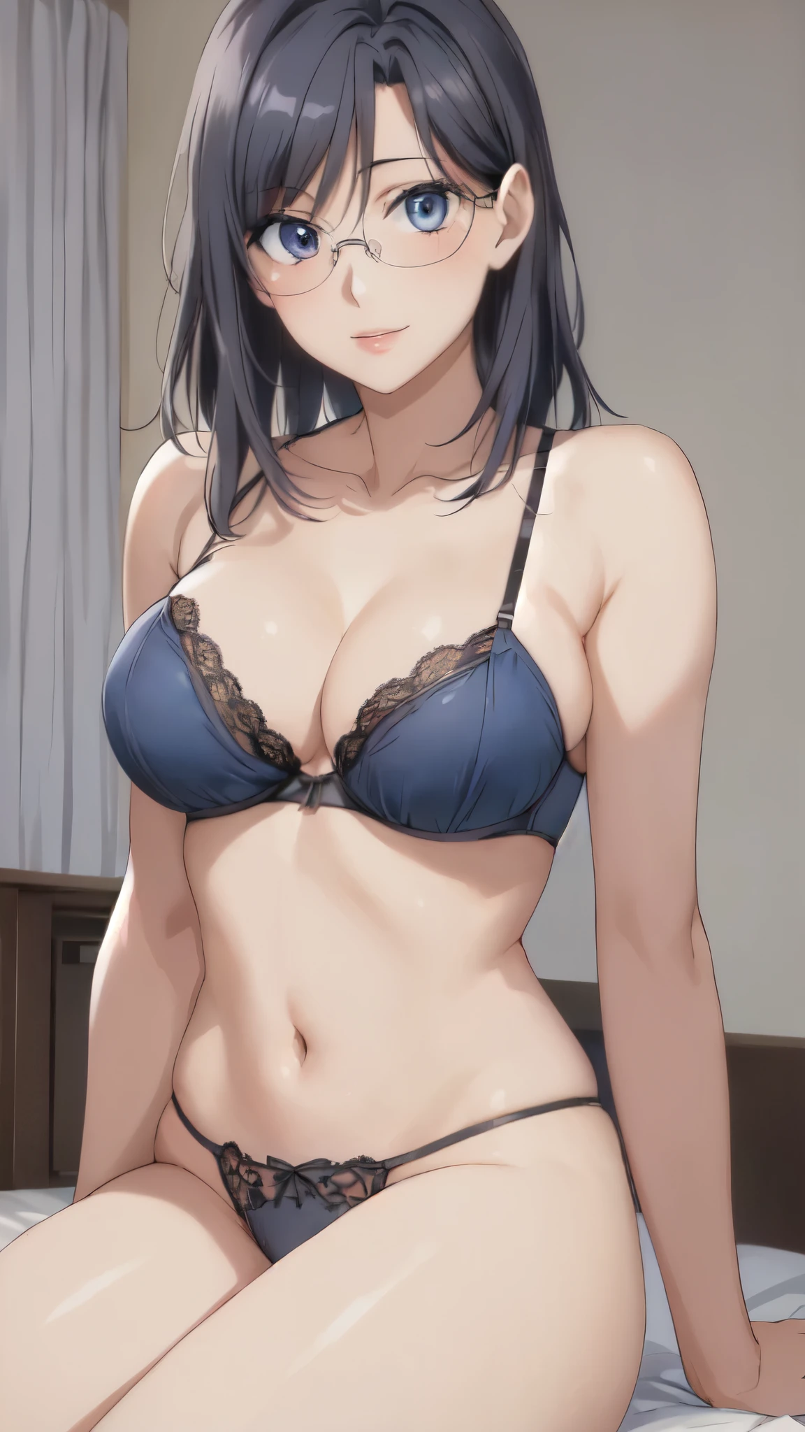 (masterpiece,Highest quality,highest quality:1.3),(8k:1.4),,ultra high resolution,(Realistic,Photorealsitic,hyper realisitic:1.3),(huge breasts:1.2),(:1.4),(Smile:1.3),(Glasses),(Blue eyes:1.3),(medium hair:1.5),(huge breasts:1.3),slender,slender waist,(NSFW),(dark blue hair:1.4),(Black underwear:1.4),(Black Bra:1.4),(Leg spread:1.3),big breasts, vivid color,(indoor, Bedroom;1.3), (Pink Lips:1.2),(Aesthetic Anime Eyes:1.3),blue sky, Sitting on the bed, (Watching the audience:1.3), Cowboy Shot, Head tilt