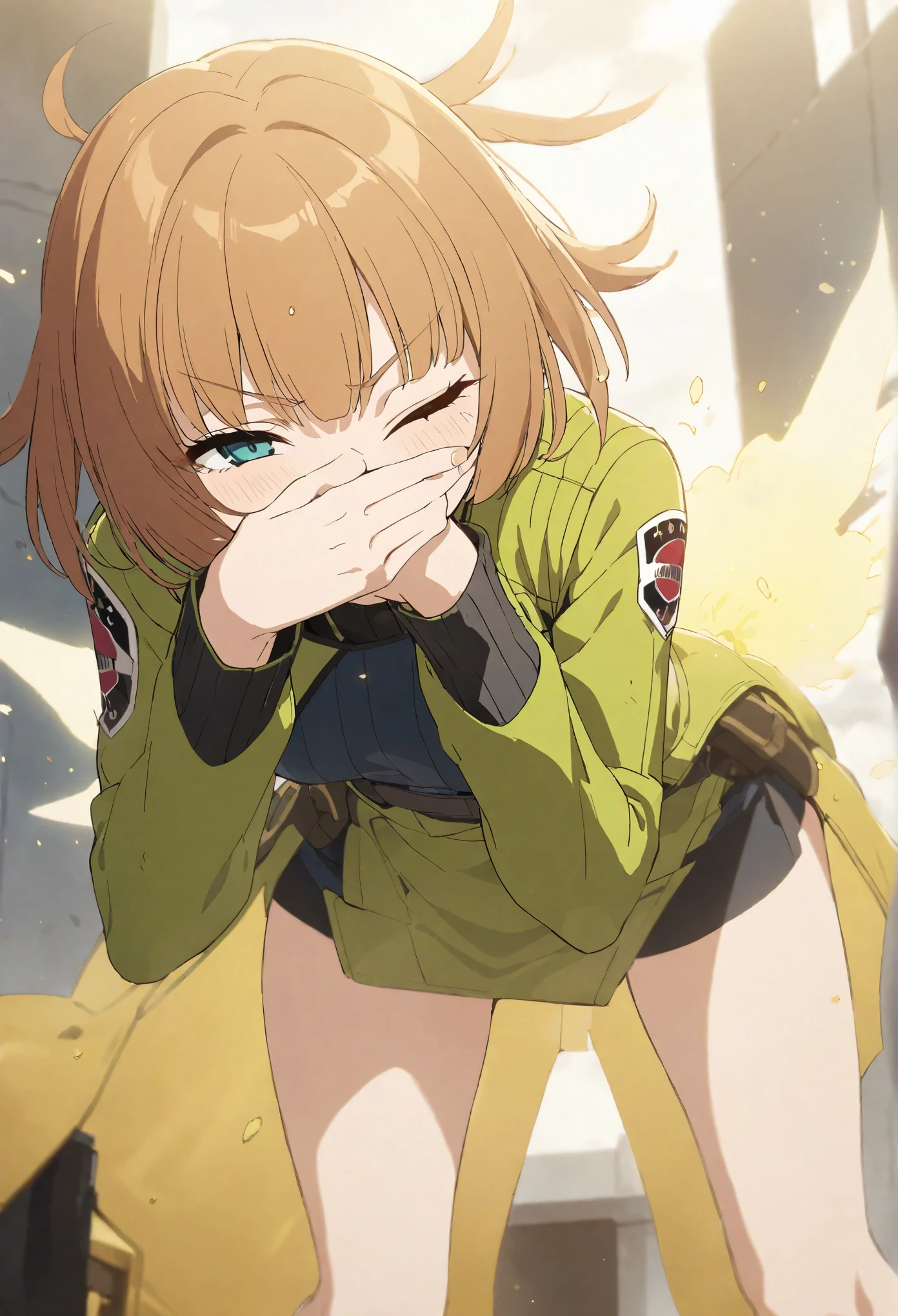 Kirie Konami, WORLD TRIGGER, 1girl, masterpiece, best quality, highly detailed,filled yellow smoke,
(best quality,masterpiece:1.5),absurdres,highres,8k, ultra high res, official art,illustration,extremely detailed, fart onara,yellow gas,farting , fart, yellow gas, farting, fart, {{{covering face with hand}}}, leaning forward ,winking eye, one eye closed,  {{{covering mouth with hand}}