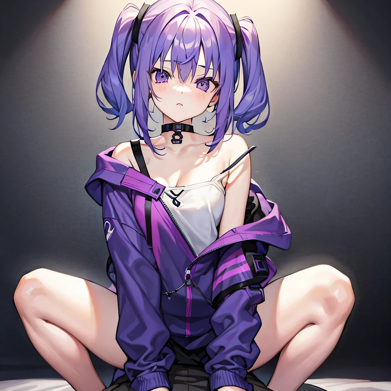 A girl with purple hair and a grey hoodie is putting her fingers in her 