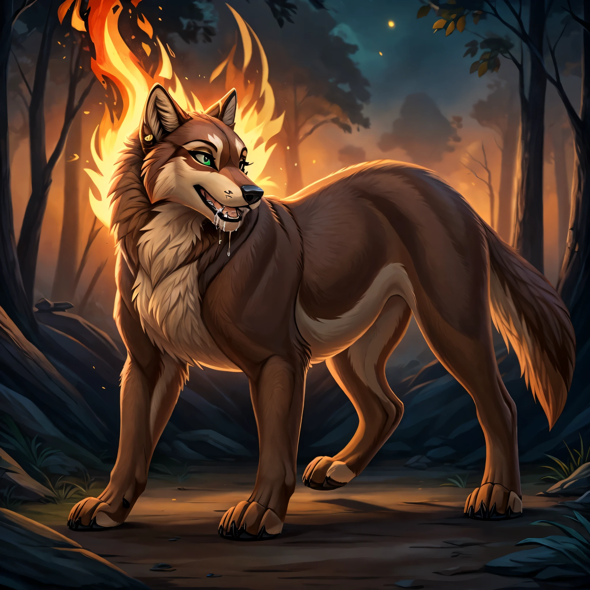 Imagine a singular character design for a 22-year-old female feral red wolf (Canis rufus) that perfectly captures a primal and authentic wild essence. Standing on all fours at 4'11", she showcases a thick, luxurious fur coat distinctly colored in the characteristic reddish, tawny brown of her species, with darker black markings tracing along her back. The fur lightens on her underparts, featuring shades of cream and beige around her chin, throat, and chest. Her tail, bushy and expressive, has the typical black tip of a red wolf.

Her snout is marked with a darker brown nose, and the fur transitions to beige on her lower jaw, with a lighter streak extending over her forehead and nasal bridge. Her captivating eyes are framed by deep, near-black eye cavities, featuring striking light green irises and black pupils, naturally enhancing her intense, wild gaze. A bold gold tongue stud piercing adds a touch of fierce independence to her appearance.

Her paws are solidly brown, contrasting with the vibrant tones of her body fur. Her long, fluffy striped tail is an emotional indicator, wagging with joy or drooping in sadness, responsive to her moods. Her ears, tuned to the slightest sounds, feature dark-brown inner fur and a beige outer rim. Her sensitive nose is adept at picking up the myriad scents of her environment, critical for her survival.

In her purely feral state, she wears no clothes, embodying the raw, untamed spirit of the wild red wolf. Despite her formidable exterior, she is highly adaptable, with survival skills honed from a raccoon-influenced past, including exceptional agility and resourcefulness in scavenging.

Leading a nomadic, homeless existence, solo,  she navigates life with resilience and a touch of vulnerability. By night, she utilizes her superior vision and hearing, thriving under the cover of darkness. Feral, zoophillia, beastiality, nsfw, sexy. Pose: drooling open maw extended tongue out. background: outside chaotic forest fire 