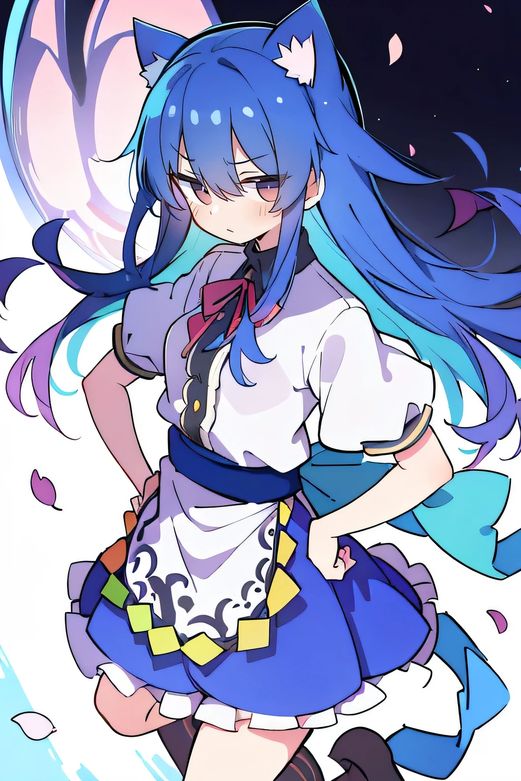 (masterpiece),best quality, expressive eyes, perfect face, 1girl,
Put your hands on your waist,fair, Gorgeous,Japanese cartoons,girl,lola,Hina Angel, blue hair, blue haired, floating clothes,Grab your waist, Grab your waist, hands on hips , hands on hips,sit, sit on ground, Legs on the ground, flat chest,cat ears,Petals fall,