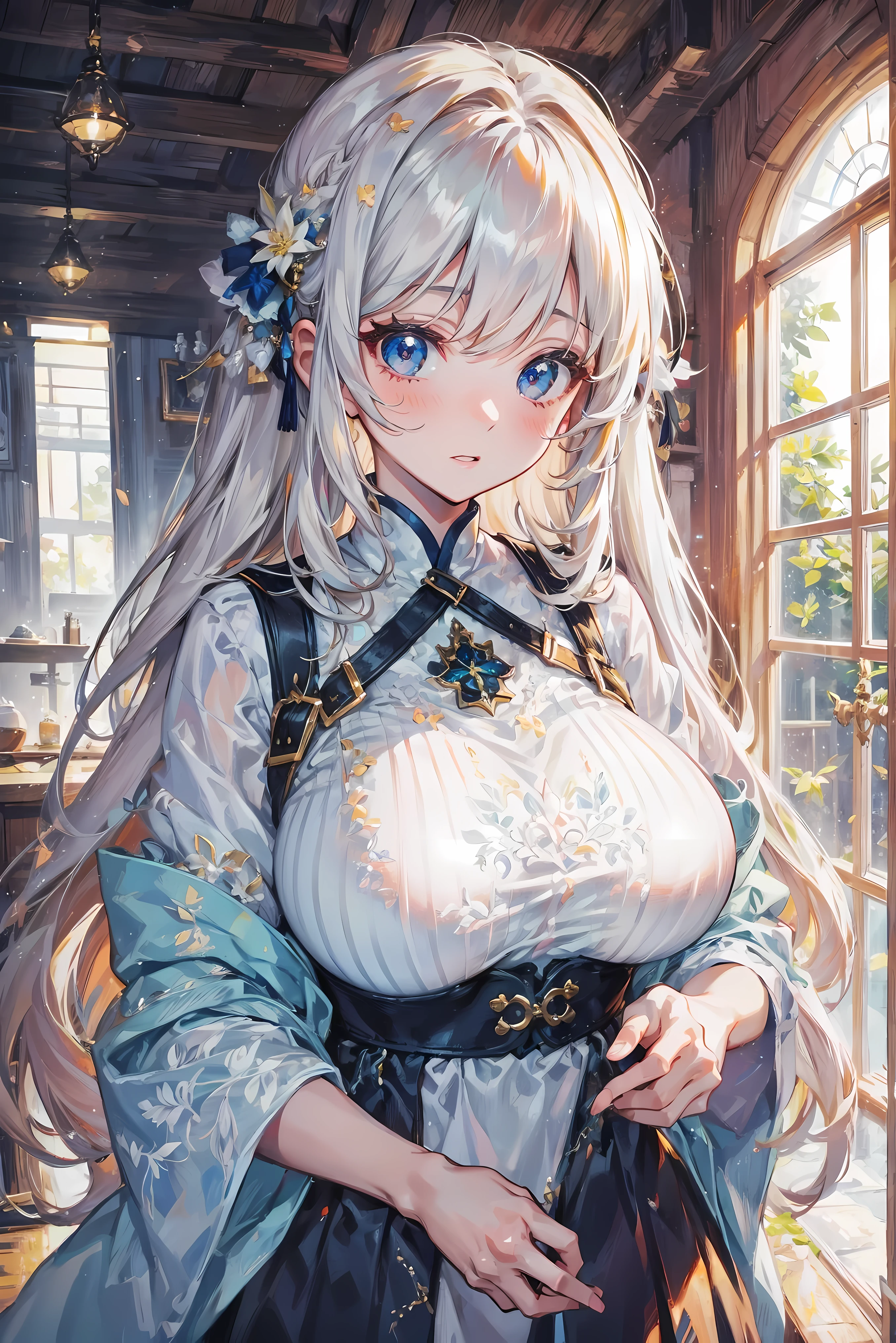 sexy woman, china setting, silver hair, ((((massive breasts)))), (((white qipao)))), ((((white chinese dress)))), (((gold accents))), ((perfect hourglass figure)), (((nude nipples))),