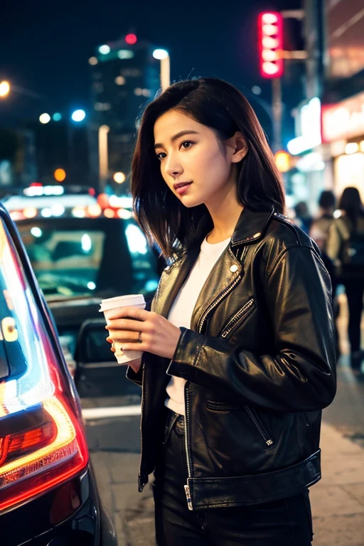 Digital Cyberpunk Art, Cyberpunk Japanese streetfood vendor, talking to an American private investigator in leather jacket, (best quality,4k,8k,highres,masterpiece:1.2), ultra-detailed, (realistic,photorealistic,photo-realistic:1.37), HDR, UHD, studio lighting, extreme detail description, professional, vibrant colors, bokeh, portraits, landscape, sci-fi, neon lights, futuristic cityscape, bustling street market, Japanese kanji signage, holographic projections, cybernetic enhancements, augmented reality overlays, towering skyscrapers, dark alleyways, graffiti-covered walls, illuminated streetfood stalls, sizzling takoyaki and ramen, exotic and visually stunning streetfood displays, steam rising, food vendor wearing a traditional yukata mixed with modern cyberpunk fashion, robotic arms assisting with cooking, mysterious and futuristic gadgets on display, the private investigator wearing a rugged leather jacket, fedora hat, and cybernetic implants, an air of anticipation and secretive conversation, rain-soaked streets reflecting neon lights, cinematic atmosphere.