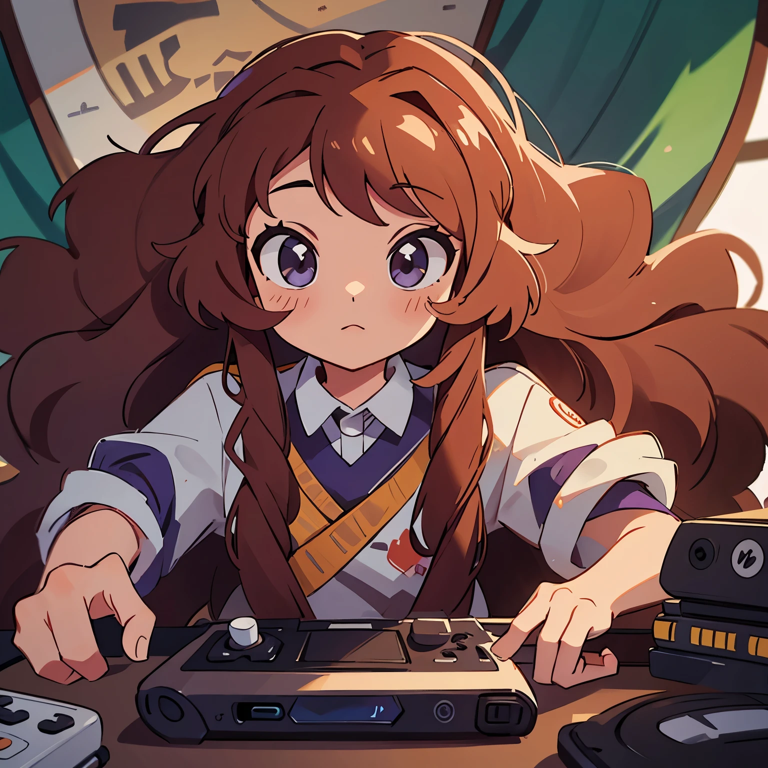 PC video game Twitch streamer with long curly brown hair