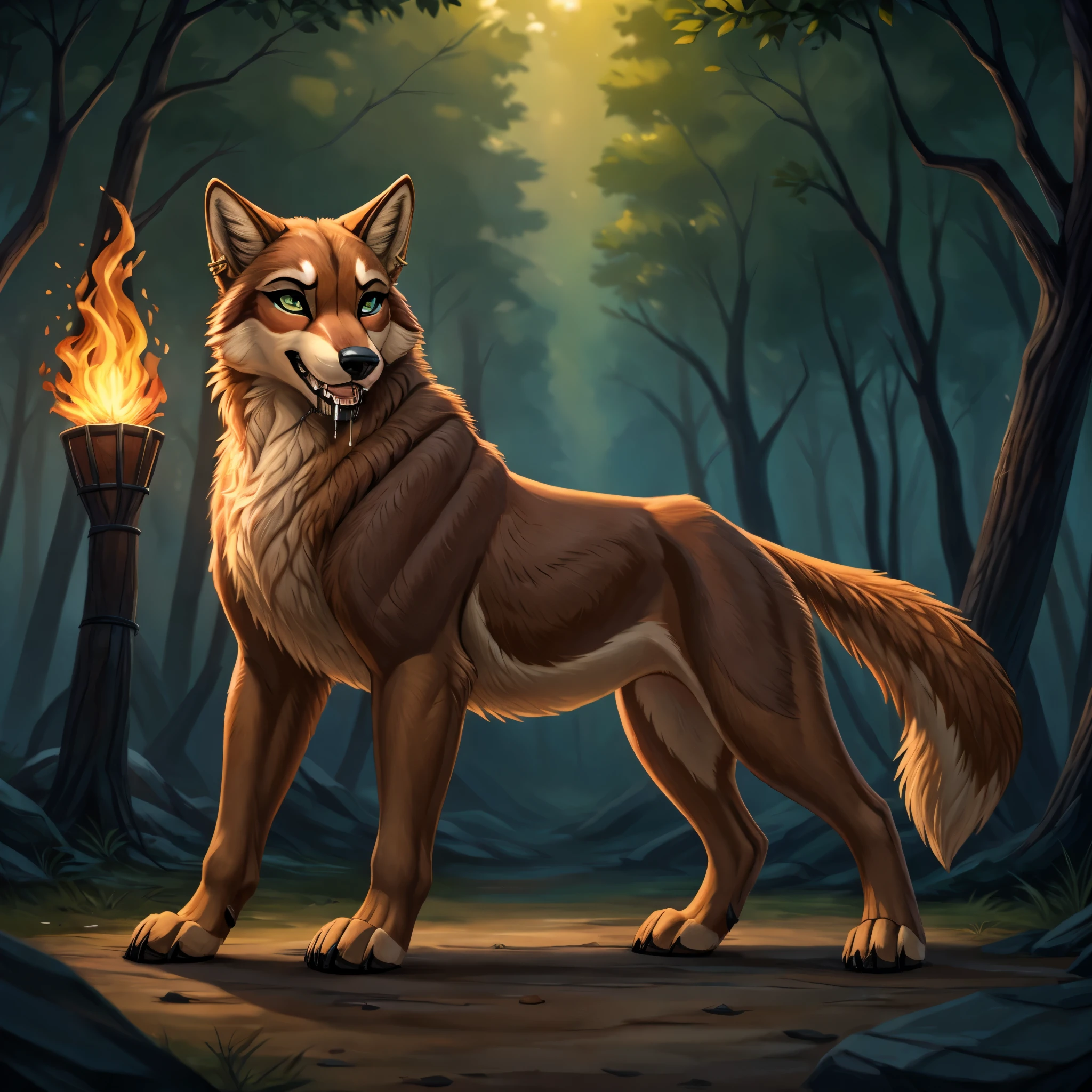 Imagine a singular character design for a 22-year-old female feral red wolf (Canis rufus) that perfectly captures a primal and authentic wild essence. Standing on all fours at 4'11", she showcases a thick, luxurious fur coat distinctly colored in the characteristic reddish, tawny brown of her species, with darker black markings tracing along her back. The fur lightens on her underparts, featuring shades of cream and beige around her chin, throat, and chest. Her tail, bushy and expressive, has the typical black tip of a red wolf.

Her snout is marked with a darker brown nose, and the fur transitions to beige on her lower jaw, with a lighter streak extending over her forehead and nasal bridge. Her captivating eyes are framed by deep, near-black eye cavities, featuring striking light green irises and black pupils, naturally enhancing her intense, wild gaze. A bold gold tongue stud piercing adds a touch of fierce independence to her appearance.

Her paws are solidly brown, contrasting with the vibrant tones of her body fur. Her long, fluffy striped tail is an emotional indicator, wagging with joy or drooping in sadness, responsive to her moods. Her ears, tuned to the slightest sounds, feature dark-brown inner fur and a beige outer rim. Her sensitive nose is adept at picking up the myriad scents of her environment, critical for her survival.

In her purely feral state, she wears no clothes, embodying the raw, untamed spirit of the wild red wolf. Despite her formidable exterior, she is highly adaptable, with survival skills honed from a raccoon-influenced past, including exceptional agility and resourcefulness in scavenging.

Leading a nomadic, homeless existence, solo,  she navigates life with resilience and a touch of vulnerability. By night, she utilizes her superior vision and hearing, thriving under the cover of darkness. Feral, zoophillia, beastiality, nsfw, sexy. Pose: drooling open maw extended tongue out. background: outside chaotic forest fire 