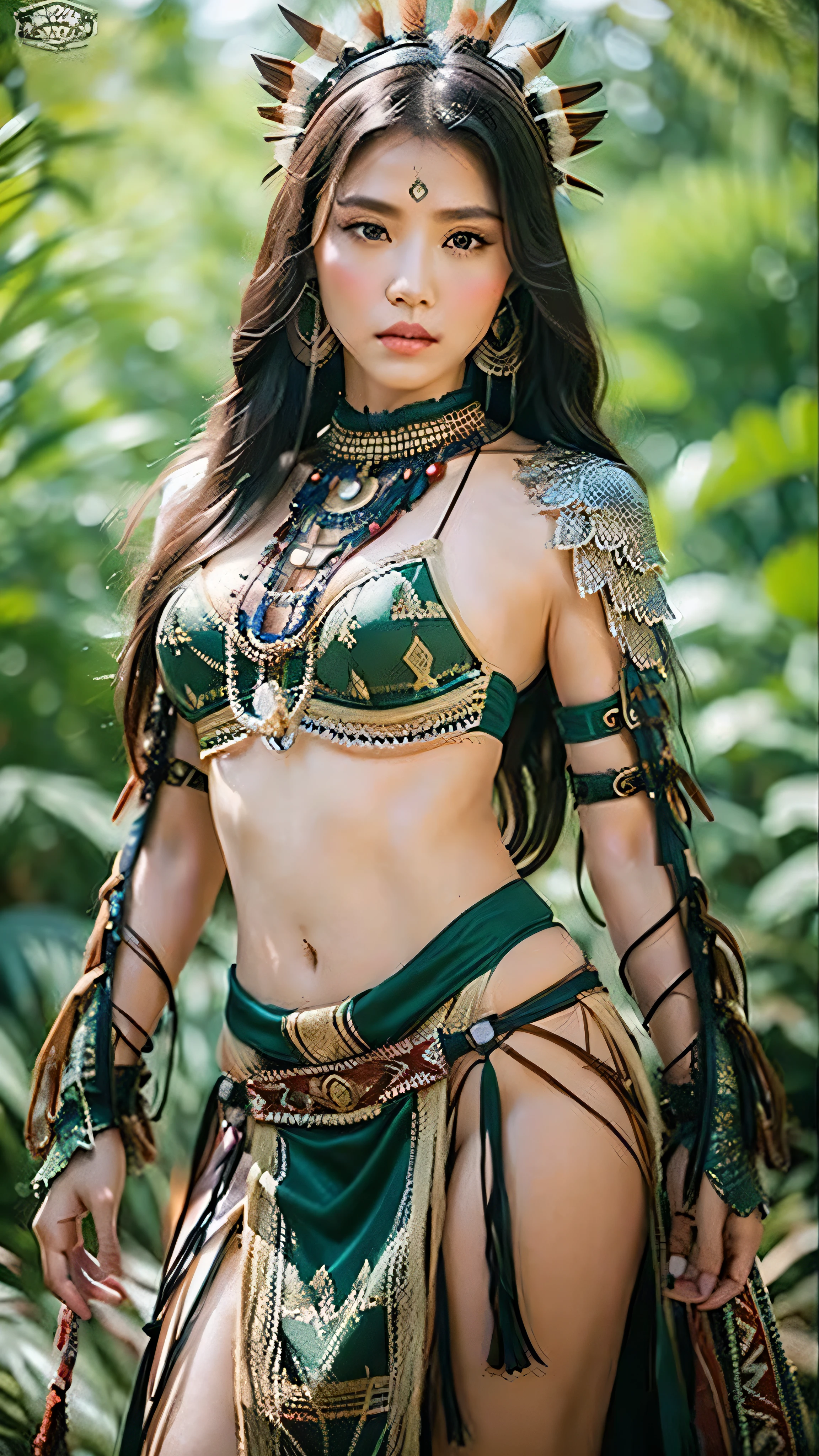 ((Realistic, cinematic, epic, Masterpiece: 1.3)), (raw photo:1.2), Hyperrealist portrait gorgeous Beautiful Chinese tribal female warriors, 30 years old, beautiful serious face, wrinkled face, beautiful detailed charming eyes, (pretty breasts: 1.1), ((dark green native warrior chainmail armor: 1.2), (native brocade fabric armor), (sexy dark green brocade warrior dress)), tribal loin cloth, tribal jewelry, tribal warrior headband, hand holding a dagger, tribal background, legendary warrior style, standing pose, full body, professional photography, font view, very detailed faces, (merlot red lips, tribal makeup: 1.2), Best quality, 8K, ancient style