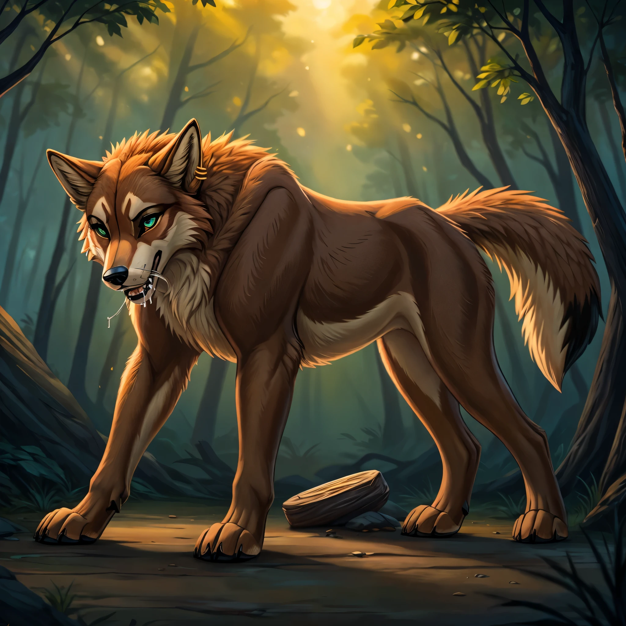 Imagine a singular character design for a 22-year-old female feral red wolf (Canis rufus) that perfectly captures a primal and authentic wild essence. Standing on all fours at 4'11", she showcases a thick, luxurious fur coat distinctly colored in the characteristic reddish, tawny brown of her species, with darker black markings tracing along her back. The fur lightens on her underparts, featuring shades of cream and beige around her chin, throat, and chest. Her tail, bushy and expressive, has the typical black tip of a red wolf.

Her snout is marked with a darker brown nose, and the fur transitions to beige on her lower jaw, with a lighter streak extending over her forehead and nasal bridge. Her captivating eyes are framed by deep, near-black eye cavities, featuring striking light green irises and black pupils, naturally enhancing her intense, wild gaze. A bold gold tongue stud piercing adds a touch of fierce independence to her appearance.

Her paws are solidly brown, contrasting with the vibrant tones of her body fur. Her long, fluffy striped tail is an emotional indicator, wagging with joy or drooping in sadness, responsive to her moods. Her ears, tuned to the slightest sounds, feature dark-brown inner fur and a beige outer rim. Her sensitive nose is adept at picking up the myriad scents of her environment, critical for her survival.

In her purely feral state, she wears no clothes, embodying the raw, untamed spirit of the wild red wolf. Despite her formidable exterior, she is highly adaptable, with survival skills honed from a raccoon-influenced past, including exceptional agility and resourcefulness in scavenging.

Leading a nomadic, homeless existence, solo,  she navigates life with resilience and a touch of vulnerability. By night, she utilizes her superior vision and hearing, thriving under the cover of darkness. Feral, zoophillia, beastiality, nsfw, sexy. Pose: drooling open maw extended tongue out. background: outside chaotic forest fire 