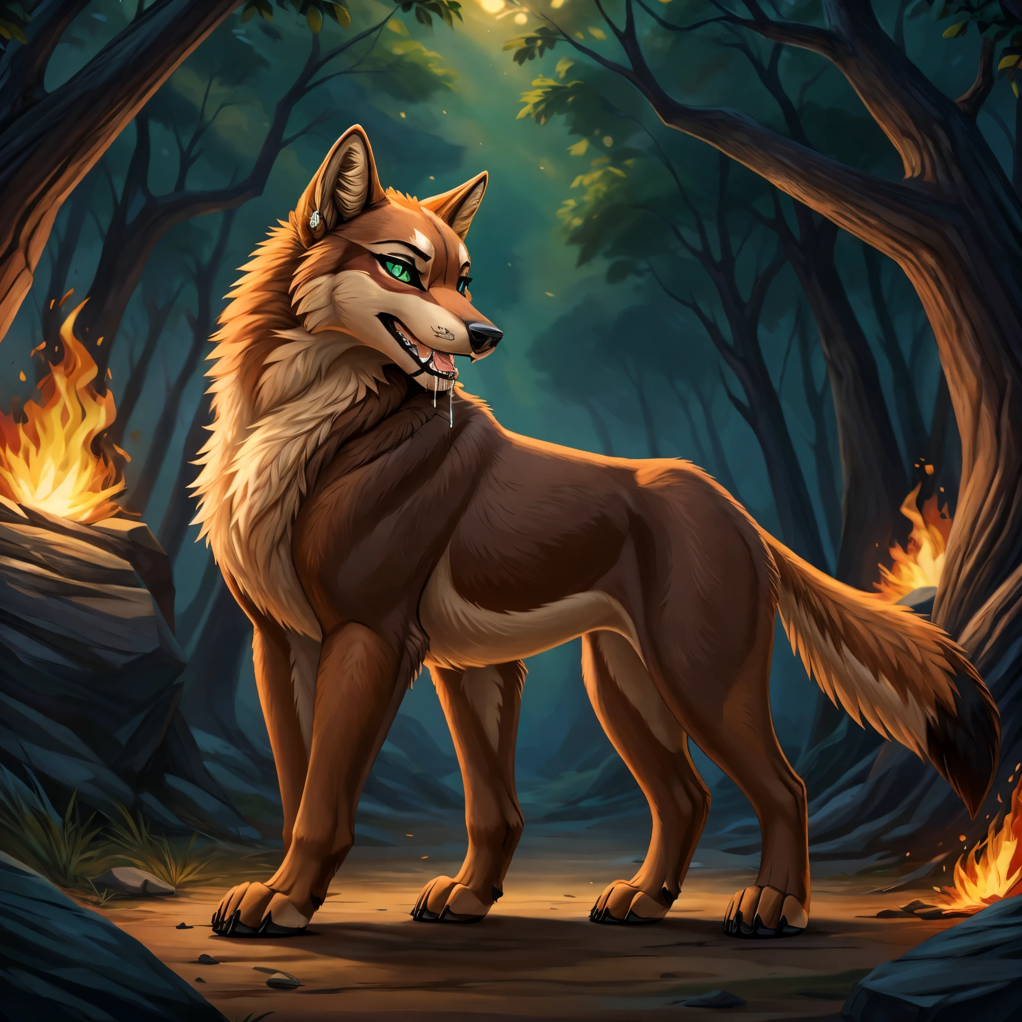 Imagine a singular character design for a 22-year-old female feral red wolf (Canis rufus) that perfectly captures a primal and authentic wild essence. Standing on all fours at 4'11", she showcases a thick, luxurious fur coat distinctly colored in the characteristic reddish, tawny brown of her species, with darker black markings tracing along her back. The fur lightens on her underparts, featuring shades of cream and beige around her chin, throat, and chest. Her tail, bushy and expressive, has the typical black tip of a red wolf.

Her snout is marked with a darker brown nose, and the fur transitions to beige on her lower jaw, with a lighter streak extending over her forehead and nasal bridge. Her captivating eyes are framed by deep, near-black eye cavities, featuring striking light green irises and black pupils, naturally enhancing her intense, wild gaze. A bold gold tongue stud piercing adds a touch of fierce independence to her appearance.

Her paws are solidly brown, contrasting with the vibrant tones of her body fur. Her long, fluffy striped tail is an emotional indicator, wagging with joy or drooping in sadness, responsive to her moods. Her ears, tuned to the slightest sounds, feature dark-brown inner fur and a beige outer rim. Her sensitive nose is adept at picking up the myriad scents of her environment, critical for her survival.

In her purely feral state, she wears no clothes, embodying the raw, untamed spirit of the wild red wolf. Despite her formidable exterior, she is highly adaptable, with survival skills honed from a raccoon-influenced past, including exceptional agility and resourcefulness in scavenging.

Leading a nomadic, homeless existence, solo,  she navigates life with resilience and a touch of vulnerability. By night, she utilizes her superior vision and hearing, thriving under the cover of darkness. Feral, zoophillia, beastiality, nsfw, sexy. Pose: drooling open maw extended tongue out. background: outside chaotic forest fire 