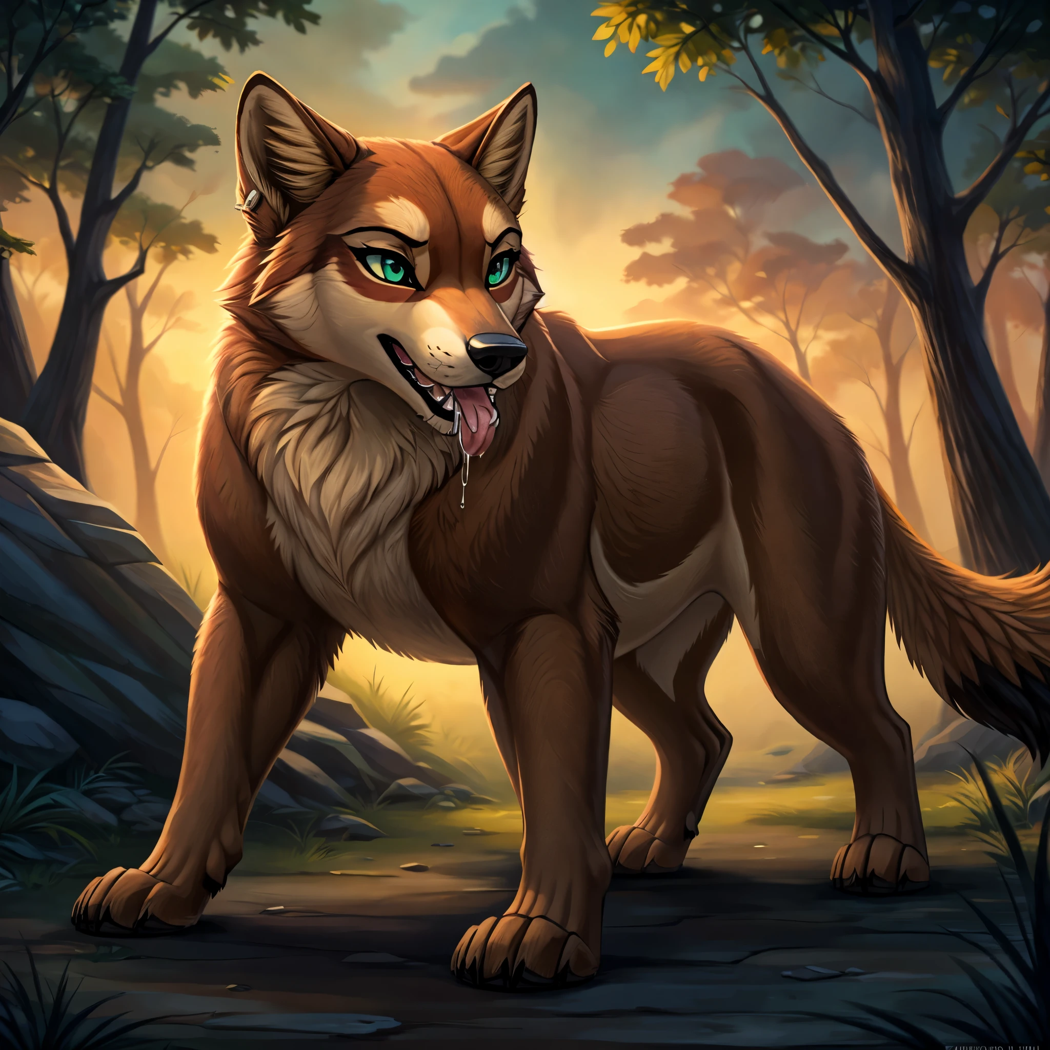 Imagine a singular character design for a 22-year-old female feral red wolf (Canis rufus) that perfectly captures a primal and authentic wild essence. Standing on all fours at 4'11", she showcases a thick, luxurious fur coat distinctly colored in the characteristic reddish, tawny brown of her species, with darker black markings tracing along her back. The fur lightens on her underparts, featuring shades of cream and beige around her chin, throat, and chest. Her tail, bushy and expressive, has the typical black tip of a red wolf.

Her snout is marked with a darker brown nose, and the fur transitions to beige on her lower jaw, with a lighter streak extending over her forehead and nasal bridge. Her captivating eyes are framed by deep, near-black eye cavities, featuring striking light green irises and black pupils, naturally enhancing her intense, wild gaze. A bold gold tongue stud piercing adds a touch of fierce independence to her appearance.

Her paws are solidly brown, contrasting with the vibrant tones of her body fur. Her long, fluffy striped tail is an emotional indicator, wagging with joy or drooping in sadness, responsive to her moods. Her ears, tuned to the slightest sounds, feature dark-brown inner fur and a beige outer rim. Her sensitive nose is adept at picking up the myriad scents of her environment, critical for her survival.

In her purely feral state, she wears no clothes, embodying the raw, untamed spirit of the wild red wolf. Despite her formidable exterior, she is highly adaptable, with survival skills honed from a raccoon-influenced past, including exceptional agility and resourcefulness in scavenging.

Leading a nomadic, homeless existence, solo,  she navigates life with resilience and a touch of vulnerability. By night, she utilizes her superior vision and hearing, thriving under the cover of darkness. Feral, zoophillia, beastiality, nsfw, sexy. Pose: drooling open maw extended tongue out. background: outside chaotic forest fire 