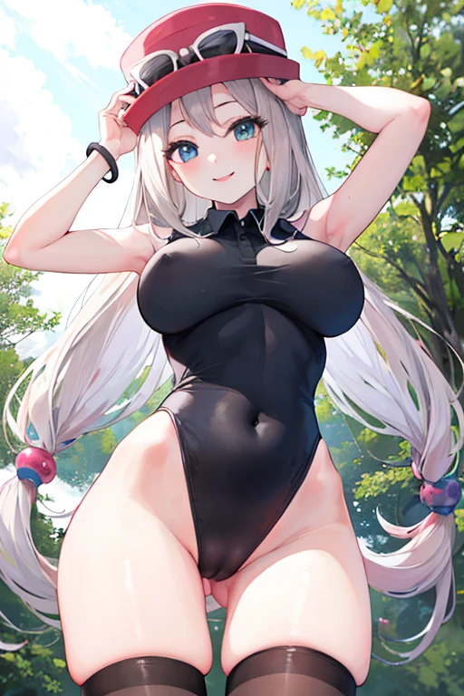 masterpiece, highest quality, High resolution, blue eyes, Serena \(Pokemon\), 1 girl, alone, Knee socks, Long Hair, have, jewelry, bracelet, black Knee socks, Collared shirt, Sleeveless,, Sleeveless shirt, eyelash, Pink hat, Black Shirt, Glasses with a hat, Cowboy Shot, Field, smile、From below, slender, Looking down at the viewer、One Girl、healthy、Normal breasts、Big Breasts、Anime illustration、leotard、(leotard:1.3)、(ハイレグleotard:1.3)、NSFW、NSFW、Adult women、leotardを手で引っ張る