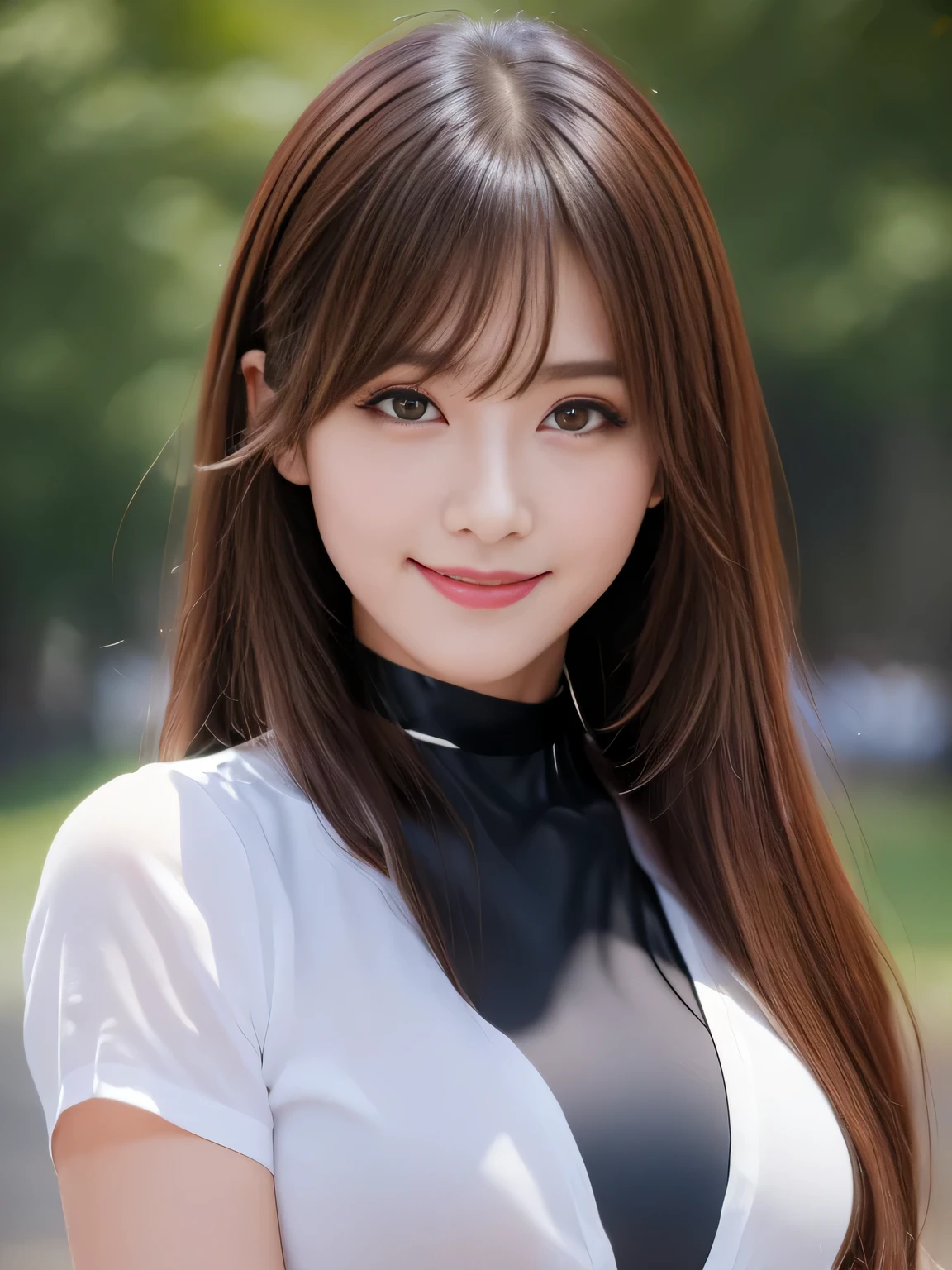 ((highest quality, 8k, Representative works in detail, Ultra-high resolution)), (Looking at the audience), (Cowboy Shot), Attractive woman, ((Big Breasts)), smile, ((black choker)), Slim figure, (Blue contacts), Long eyelashes, bangs, Beautiful shiny brown hair, Nogizaka Idol, Slim face、((shirt、Best))