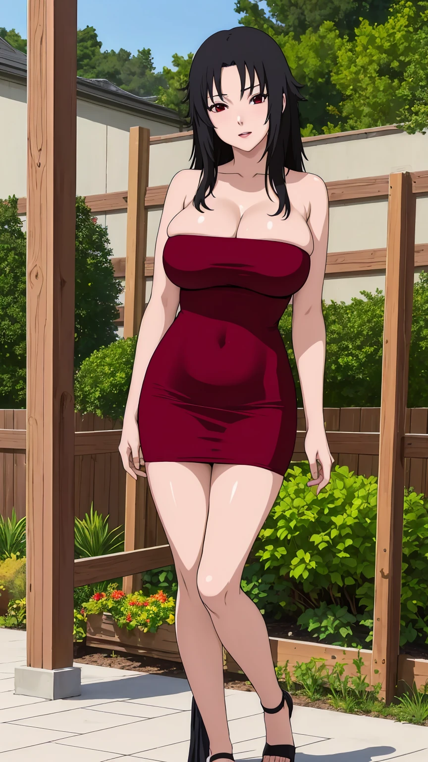 masterpiece, ultra high-quality, extremely detail 8k cg, high resolution, 1girl, kurenai yuhi, black hair, red eyes, thin body, huge breasts, bursting breasts, strapless shorttubedress, beautiful face, outdoors, garden, full shot photo, full body