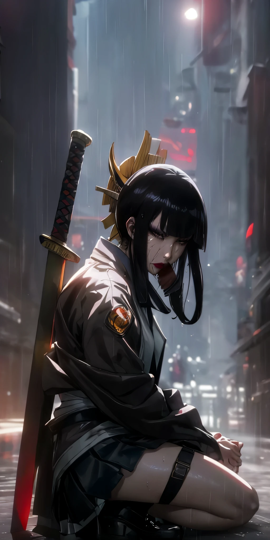 senjumaru shutara, long hair, bangs, blunt bangs, black hair, sidelocks, (black eyes:1.5), makeup, lipstick, red lipstick, anatomically correct, heavy breathing, mature female, anime girl kneeling down with a sword in her back, weapon, sword,  1girl, sheath,  solo, sheathed, looking_at_viewer, skirt, thigh_strap, shoes, jacket, blurry, rain, piercing, outdoors, dim light, (cinematic:1.2), kneeling, teachwear jacket, miniskirt, "glow effects, godrays, Hand drawn, render, 8k, octane render, cinema 4d, blender, dark, atmospheric 4k ultra detailed, cinematic, Sharp focus, big depth of field, Masterpiece, colors, 3d octane render, 4k, concept art, trending on artstation, hyperrealistic, Vivid colors, extremely detailed CG unity 8k wallpaper, trending on CGSociety, Intricate, High Detail, dramatic", (shaded face:1.2), hollow eyes, brown eyes, looking at viewer, (heavy breathing:1.2), makeup, sullen , lipstick, looking at viewer, nsfw, gloowing eyes, wet