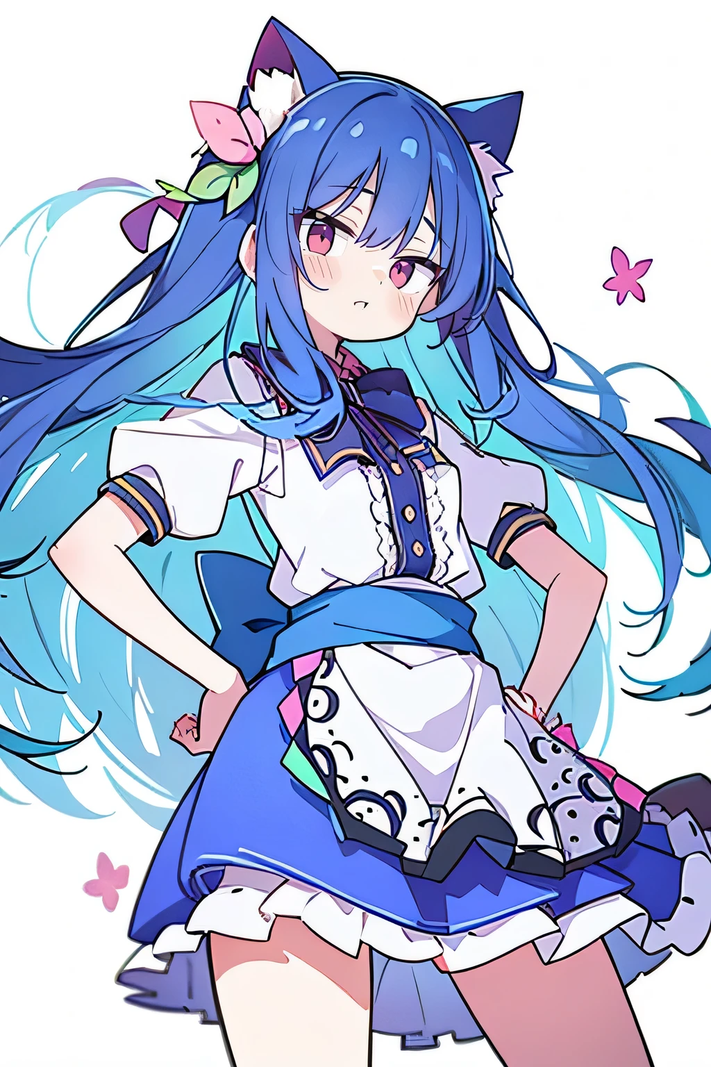 (masterpiece),best quality, expressive eyes, perfect face, 1girl,
 Put your hands on your waist,fair, Gorgeous,Japanese cartoons,girl,lola,Hina Angel, blue hair, blue haired, floating clothes,Grab your waist, Grab your waist, hands on hips , hands on hips,sit, sit on ground, Legs on the ground, flat chest,cat ears,Petals fall,