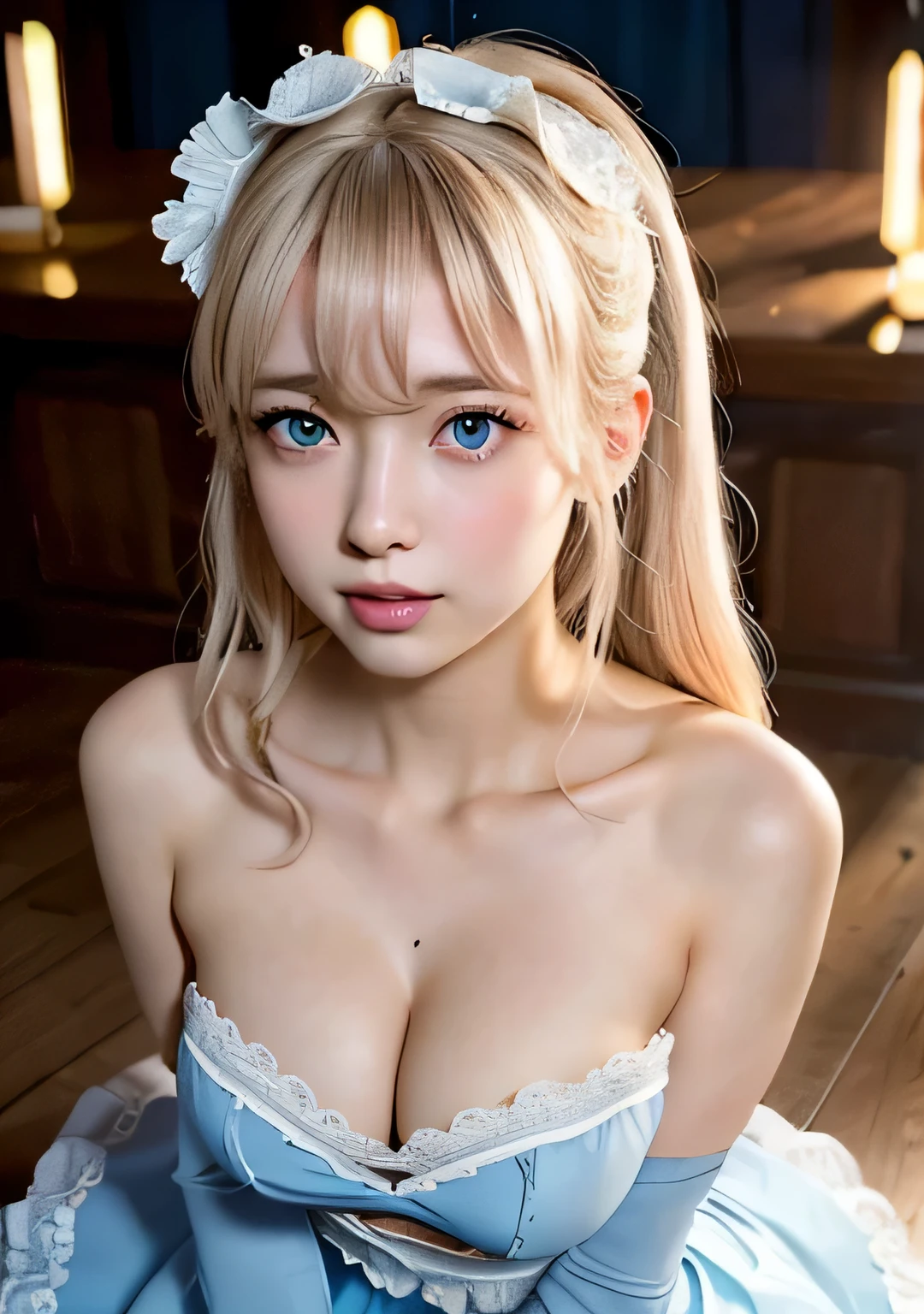 Browsing Caution,(Camel Toe),(highest quality:1.2), ,In 8K, RAW Photos、naked、Large Breasts、Pink nipples、Shooting from above、Platinum Blonde Hair, (blue eyes, Lolita Fashion, :1.2), Upward Gaze、A wistful look、Open your mouth、Sweaty body、An excited look、blushing face、kneel、Quite large breasts、Cleavage、Whole Body Ezbian, Stunningly beautiful girl, A clear aura,Face Light, Professional Lighting, Cinema Lighting, Detailed face, Background bokeh