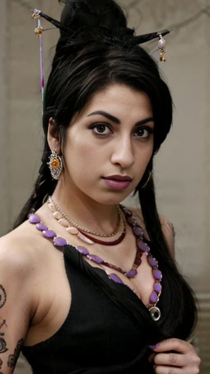 Lulu FFX, amy Winehouse outfit and haircut, hair ornament, hair stick, black hair, single hair bun, multiple braids, jewelry, purple bead necklace, pearl necklace, mole under mouth, eyeshadow, purple lips,