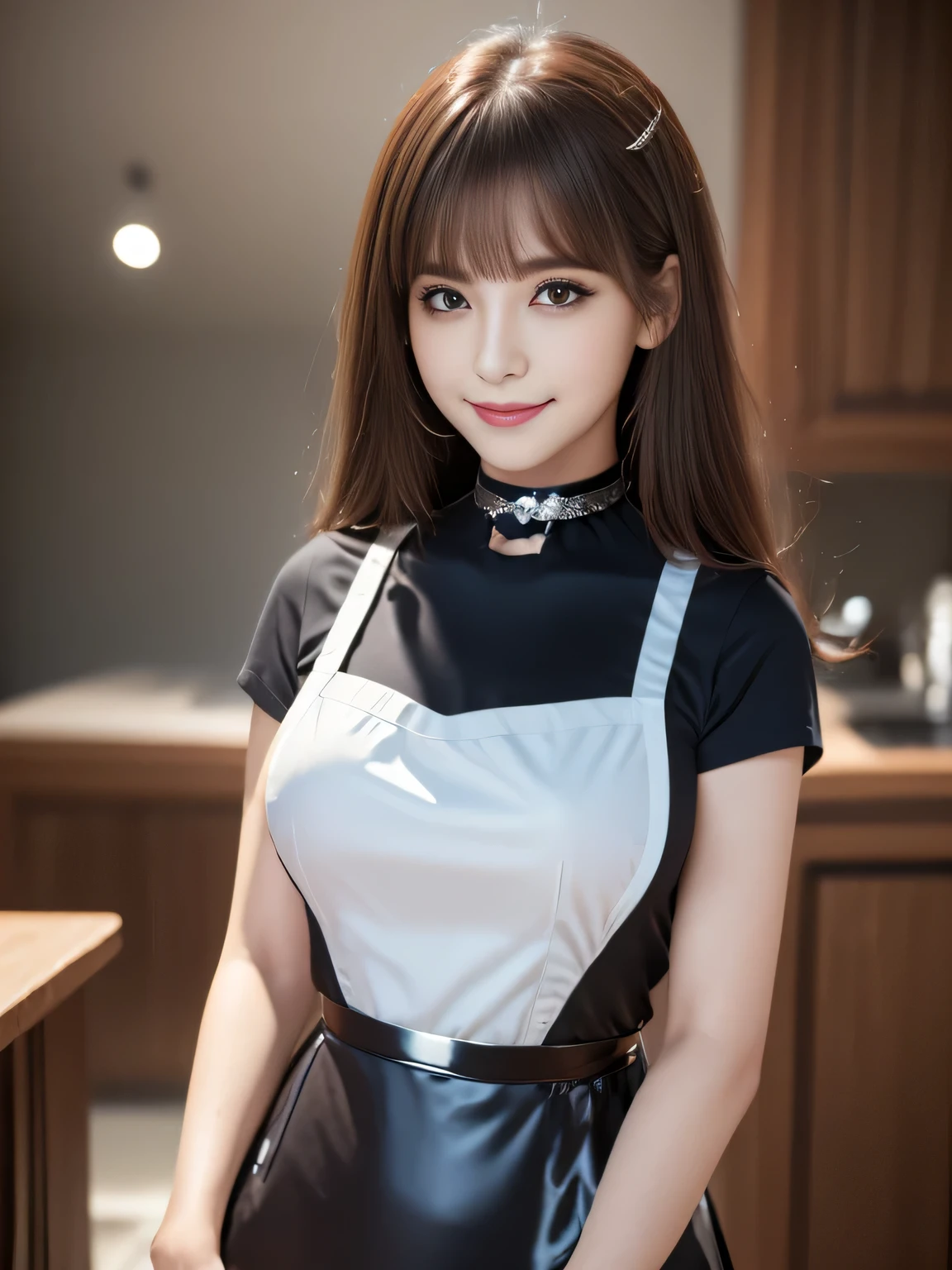 ((highest quality, 8k, Representative works in detail, Ultra-high resolution)), (Looking at the audience), (Cowboy Shot), Attractive woman, ((Big Breasts)),  smile, ((black choker)), Slim figure, (Blue contacts), Long eyelashes, bangs, Beautiful shiny brown hair, Nogizaka Idol, Slim face、((shirt、apron))