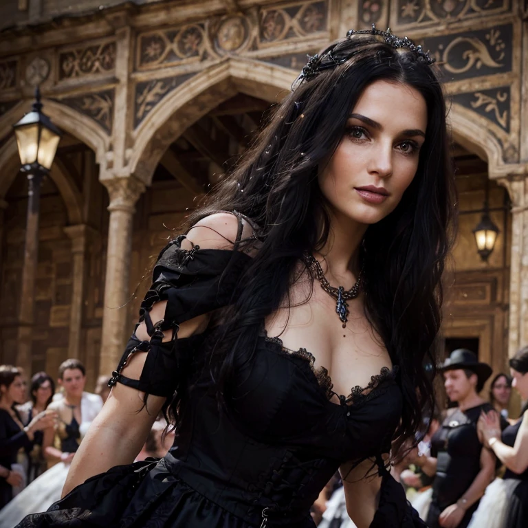 1 woman, European face, European eyes, dancing in a medieval town, ultra detailed face and eyes, hyperrealistic, detailed representation, long black hair, pretty face, 30 years old, wearing a long black baroque dress, wearing a long black baroque dress, dancing at a gothic festival, gothic Style, full body view 