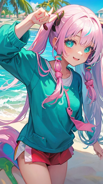 (Rainbow Hair, Colorful Hair, half silver、Half pink hair: 1.2), ,long hair、************、(Cinematic digital artwork: 1.3), high quality, Tabletop, Turquoise eyes、最high qualityの, Super detailed, figure, [4K Digital Art]!!、 Kyoto Animation Style, One Woman, clavicleの美しさ, clavicle, Light, want, , positive, Dead leaves dance、（Ocean、Sandy Beach）、Full、taking a walk、((green、trendy clothes))、（（Scarlet、Polka dot unset, motivation, shine, Dynamic Perspective、Blue glasses、green色リボン、Twin tails、Embarrassed face、Cute face、happy face