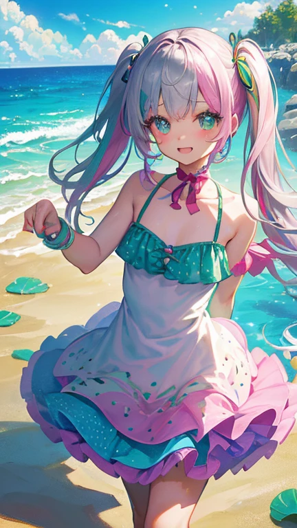 (Rainbow Hair, Colorful Hair, half silver、Half pink hair: 1.2), ,long hair、************、(Cinematic digital artwork: 1.3), high quality, Tabletop, Turquoise eyes、最high qualityの, Super detailed, figure, [4K Digital Art]!!、 Kyoto Animation Style, One Woman, clavicleの美しさ, clavicle, Light, want, , positive, Dead leaves dance、（Ocean、Sandy Beach）、Full、taking a walk、((green、trendy clothes))、（（Scarlet、Polka dot unset, motivation, shine, Dynamic Perspective、Blue glasses、green色リボン、Twin tails、Embarrassed face、Cute face、happy face