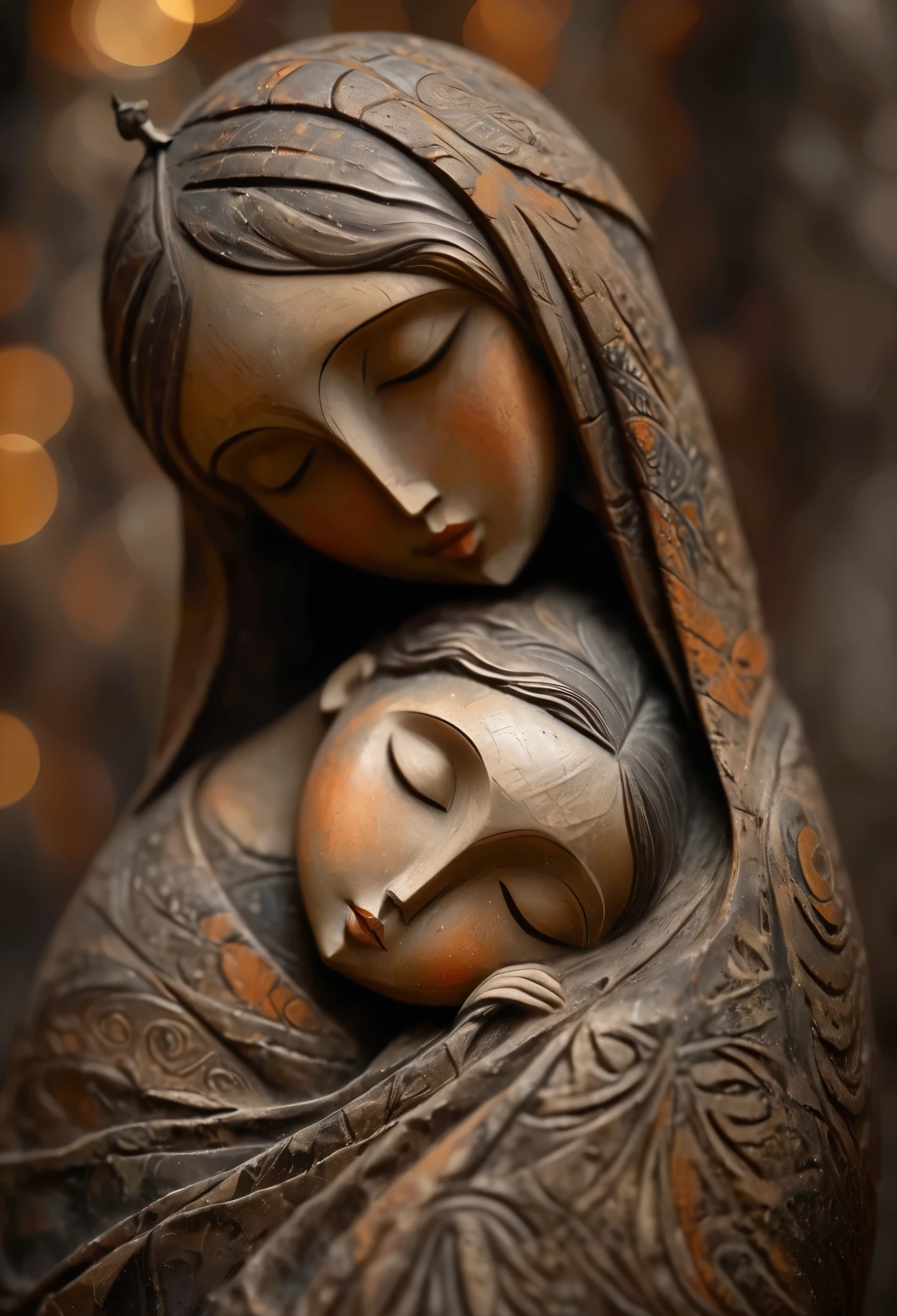 (masterpiece, best quality:1.2), Statue of the Virgin, ，color，Painted in earthy tones，With subtle patterns and textures，Invoking Ancient Wisdom. Focus on the face，With depth of field and bokeh effects. This is a high resolution image，Complex details，The background is dark，Soft lighting, style of. 
