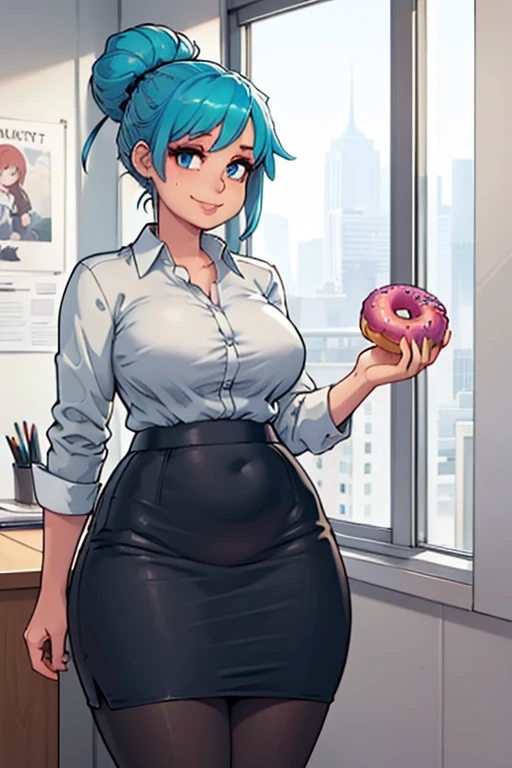 art by kipteitei, 1girl, aqua blue hair, hair up, blue eyes, black pencil skirt, dress shirt, black tights, holding donut, happy expression, [[chubby]], fancy office background with lots of windows (best quality, masterpiece)
