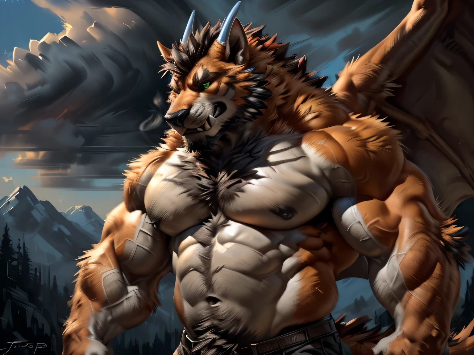 Masterpiece, Dragon werewolf (furry body, anthro orange werewolf, (monotone orange fur:1.3), male, black beard, white chest fur, adult, (heavily muscular, manly, brutal, masculine:1.4), green eyes, realistic eyes, Dragon tail, dragon hrons, Casual Set, Fierce, Good looking), detailed fur texture,mysterious forest background,sunshine, sharp fangs and claws, glowing red eyes, intense muscular physique, dynamic pose, emitting smoke,ominous atmosphere,mythical creature,mythical strength,vibrant colors,huge wings, ferocious expression, breathtaking landscape, enhanced surrealism effect, beautiful, correct anatomy, (photorealistic detailed fur, epic, masterpiece:1.2), (by echin, by Taran Fiddler, by takemoto arashi, by Traver009, by Juiceps), (detailed eyes:1.2) focus face, seductive face, detailed eyes