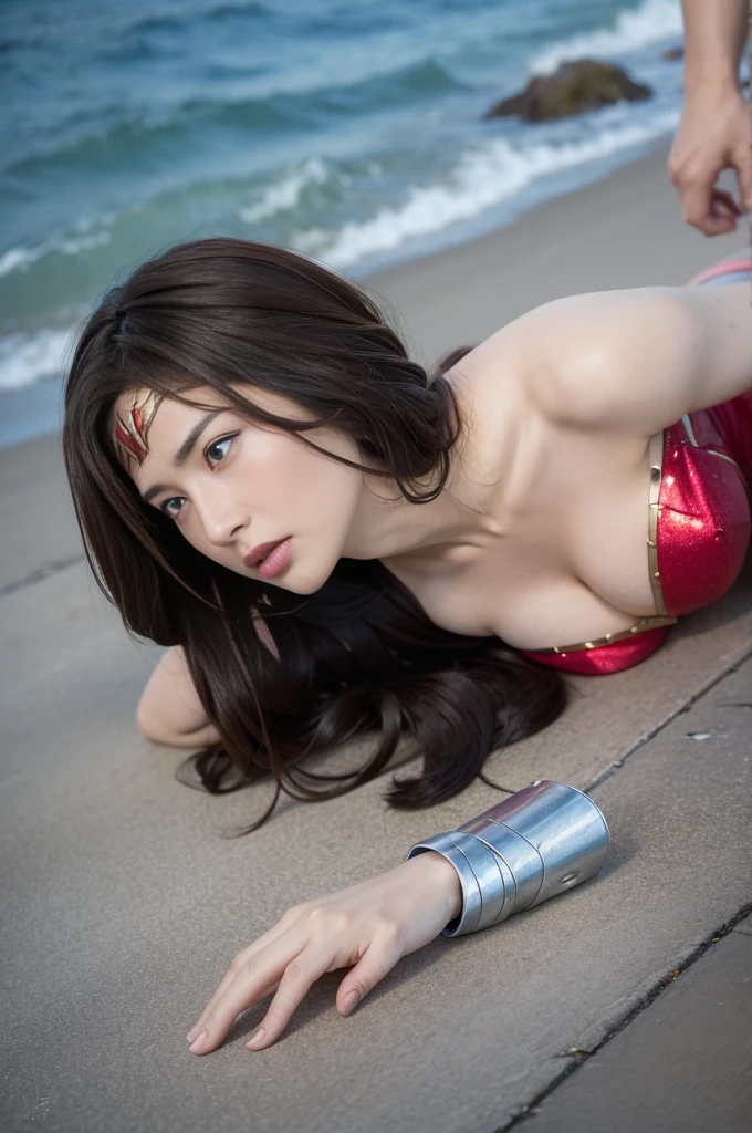 from the side,The Perfect Wonder Woman Costume,crawling on all fours,In the water,Sleeping Face,close ~ Eye,open mouth,Tired face,Facing Suffering,Face of the sky,Sleeping Face,fight with men,surrounded by men,,caught between men,Besieged by men,Entangled with men, Being attacked by a man,Being beaten by men,Bullied by boys,Sex by a man,Captured by a man,detained by a man、touch your face,、Hair being pulled hard,my head was grabbed,lick my hair,Lick my face,Brown hair, masterpiece、beautiful girl、漂亮的Eye、puffy Eye、best quality, 超high resolution, (Reality: 1.4), Movie Lighting,Super beautiful、beautiful skin、(超Reality的な)、(high resolution)、(8k)、(Very detailed)、(beautiful and 漂亮的Eye)、(Ultra Detailed)、 Delicate face、slanted banger hair、Brown hair、20 years old、Wonder Woman role-playing,Wonder Woman tiara