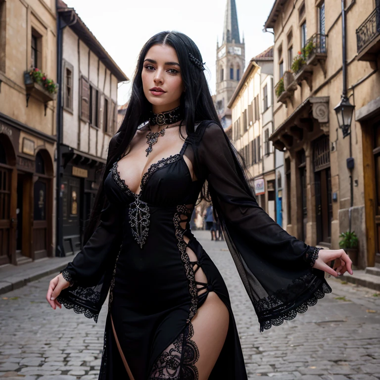 1 woman, European face, European eyes, dancing in a medieval town, ultra detailed face and eyes, hyperrealistic, detailed representation, long black hair, pretty face, 30 years old, wearing a long black baroque dress, wearing a long black baroque dress, dancing at a gothic festival, gothic Style, full body view