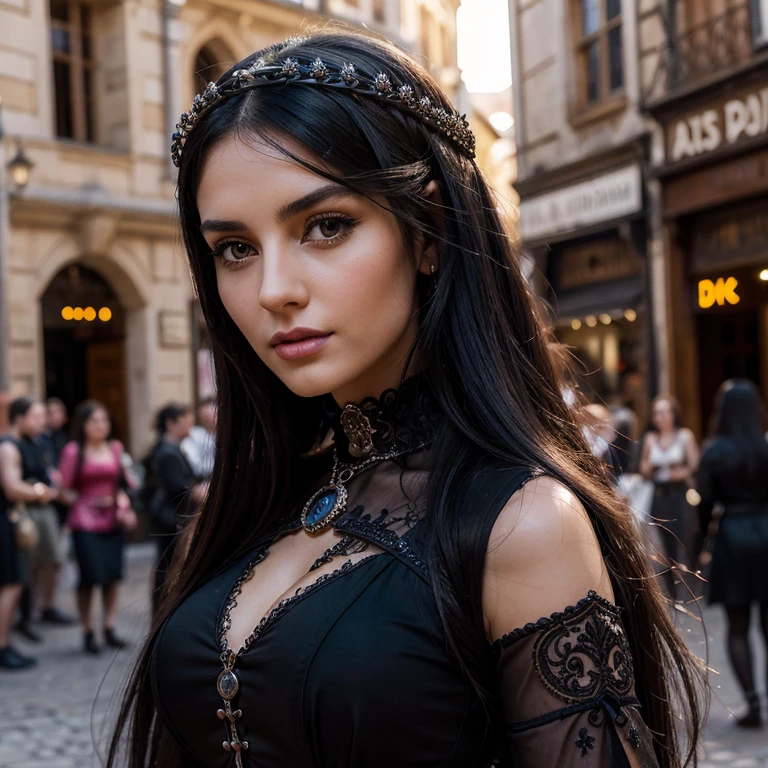 1 woman, European face, European eyes, dancing in a medieval town, ultra detailed face and eyes, hyperrealistic, detailed representation, long black hair, pretty face, 30 years old, wearing a long black baroque dress, wearing a long black baroque dress, dancing at a gothic festival, gothic Style, full body view 
