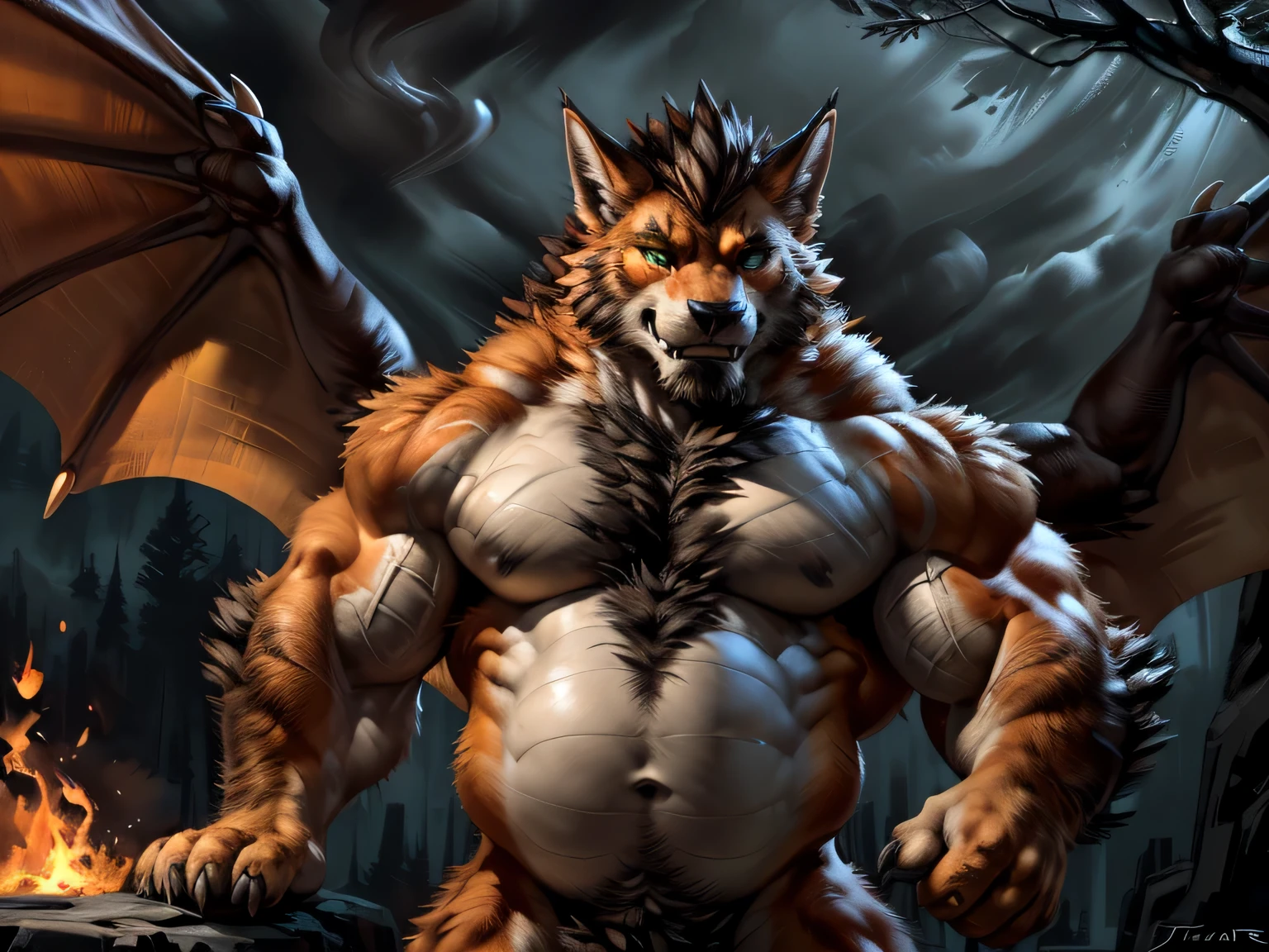 Masterpiece, Dragon werewolf (furry body, anthro orange werewolf, (monotone orange fur:1.3), male, black beard, white  fur, adult, (heavily muscular, manly, brutal, masculine:1.4), green eyes, realistic eyes, Dragon tail, dragon hrons, Casual Set, Fierce, Good looking), detailed fur texture,mysterious forest background,sunshine, sharp fangs and claws, glowing red eyes, intense muscular physique, dynamic pose, emitting smoke,ominous atmosphere,mythical creature,mythical strength,vibrant colors,huge wings, ferocious expression, breathtaking landscape, enhanced surrealism effect, beautiful, correct , (photorealistic detailed fur, epic, masterpiece:1.2), (by echin, by Taran Fiddler, by takemoto arashi, by Traver009, by Juiceps), (detailed eyes:1.2) focus face,  face, detailed eyes