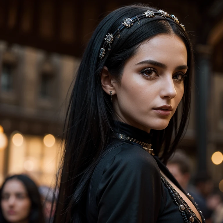 1 woman, European face, European eyes, dancing in a medieval town, ultra detailed face and eyes, hyperrealistic, detailed representation, long black hair, pretty face, 30 years old, wearing a long black baroque dress, wearing a long black baroque dress, dancing at a gothic festival, gothic Style, full body view