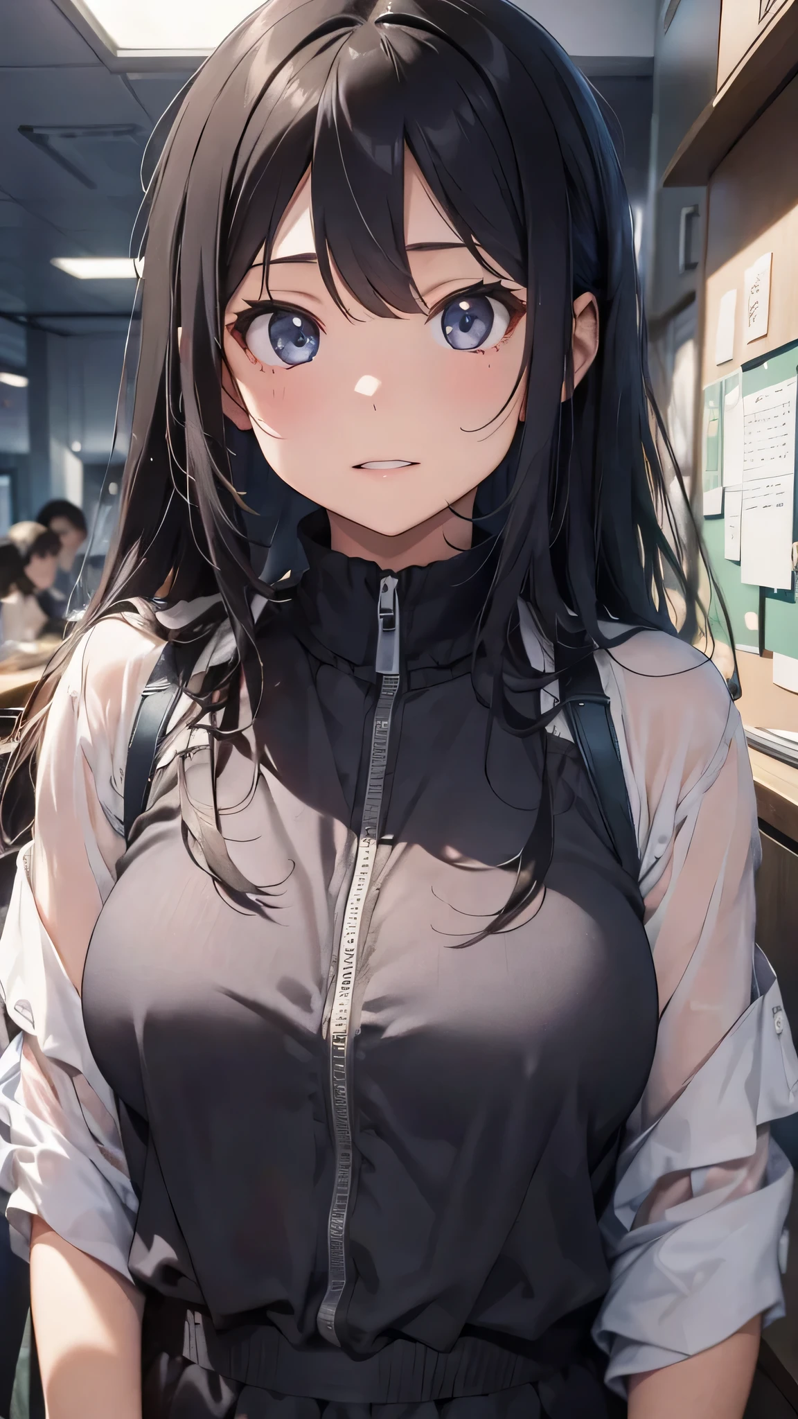 最high quality、best image quality、masterpiece、teenage girl((18-year-old、 By becoming、vest bust、medium bust,wide open breast tea、black eye, gray hair、long hair、thin,highest valley、Black Y-shirt、Black Recruit Suit)),high quality、beautiful art、background((company office))debris flies、Depth of written boundary、movie、visual art、perfect art、8K,genuine