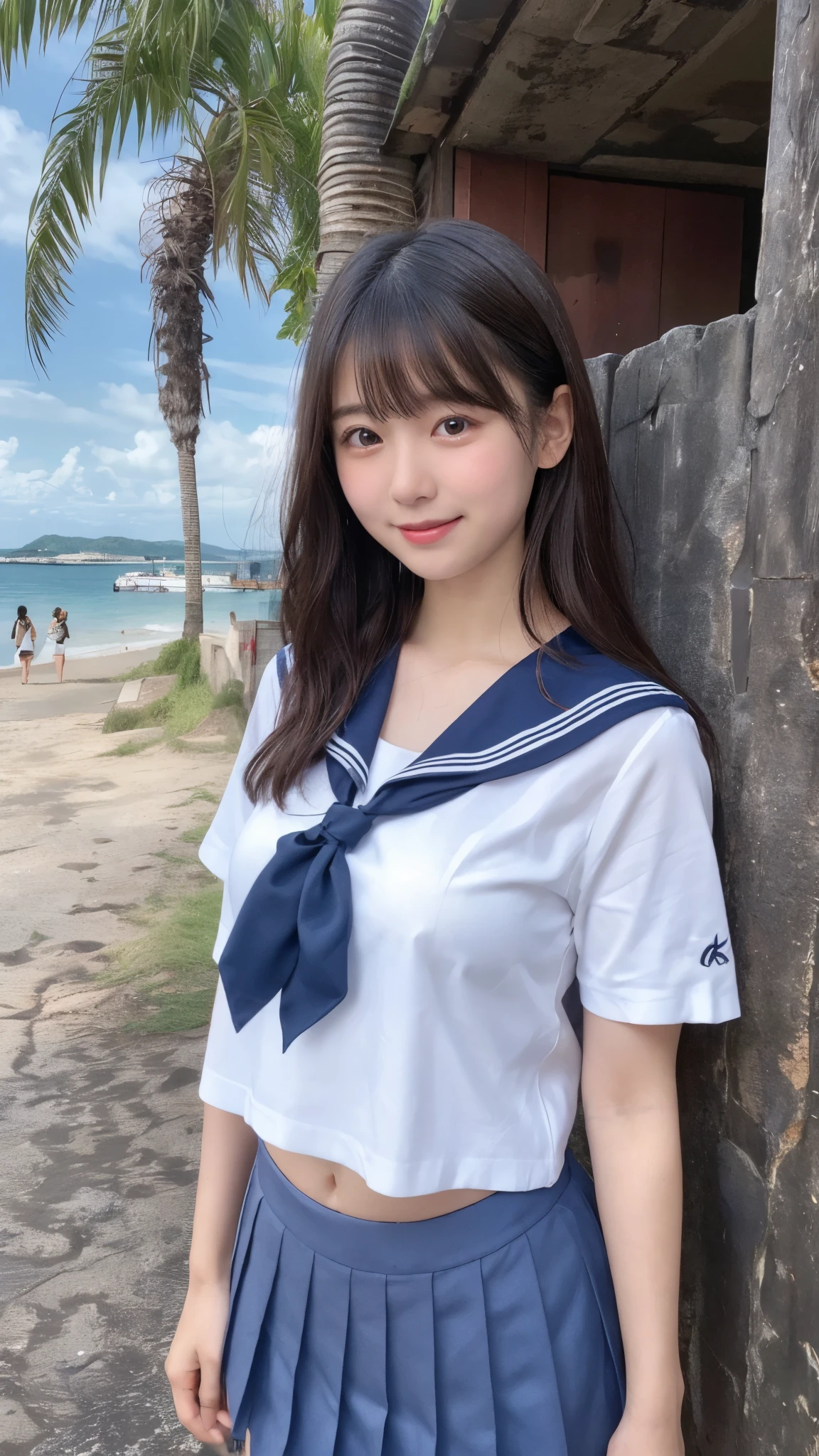 (best quality, 8k, 32k, masterpiece, UHD:1.2), (RAW photo), (realistic), (photorealistic:1.2), (high resolution), huge filesize, ultra-detailed, extremely beautiful face & eyes, 1girl, japanese elementary school student,14yo, 13yo, 12yo, round small face, baby face, thin waist, beautiful belly skin, large breasts, slim proportions, perfect thin thighs, small butt, (darkblue pleated mini skirt, japanese sailor, sailor fuku, serafuku, japanese school sailor suit, sailor red neckerchief), nice hands, perfect hands, accurate hand depiction, sweaty, shy smile, pure white teeth, from below, (blue sky, summer, sun, beach, palm tree, outdoors),