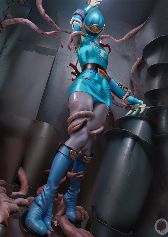 (best quality, masterpiece, RAW photo,ultra-detailed:1.2), 1girl, solo, looking at viewer, ((Hurricane Blue outfit, belt, gloves, helmet, blue spandex vest, blue boots, blue skirt, gray leggings, white gloves)), very large massive breasts, (((spread legs:1.1))),  ((tentacles:1)), tentacle on crotch, nsfw, raised arms, tentacles wrap around body, dark room, eerie light, close up, industrial background, full body, nsfw, bdsm, sex with tentacles, creampied, cumming, whitish liquid streaming from pussy, big puddle of whitish fluid in between thighs