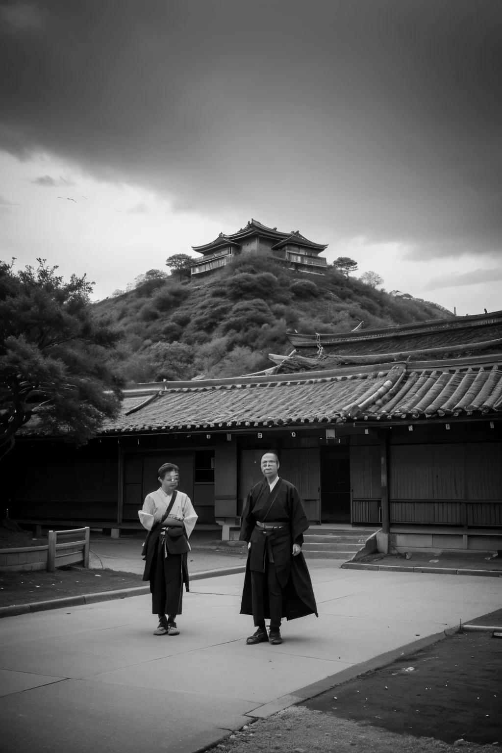 A dark landscape image of an samurai society deeply connected to bushido, black and white, ancient japanese architecture, include one male samurai who is tired but confident