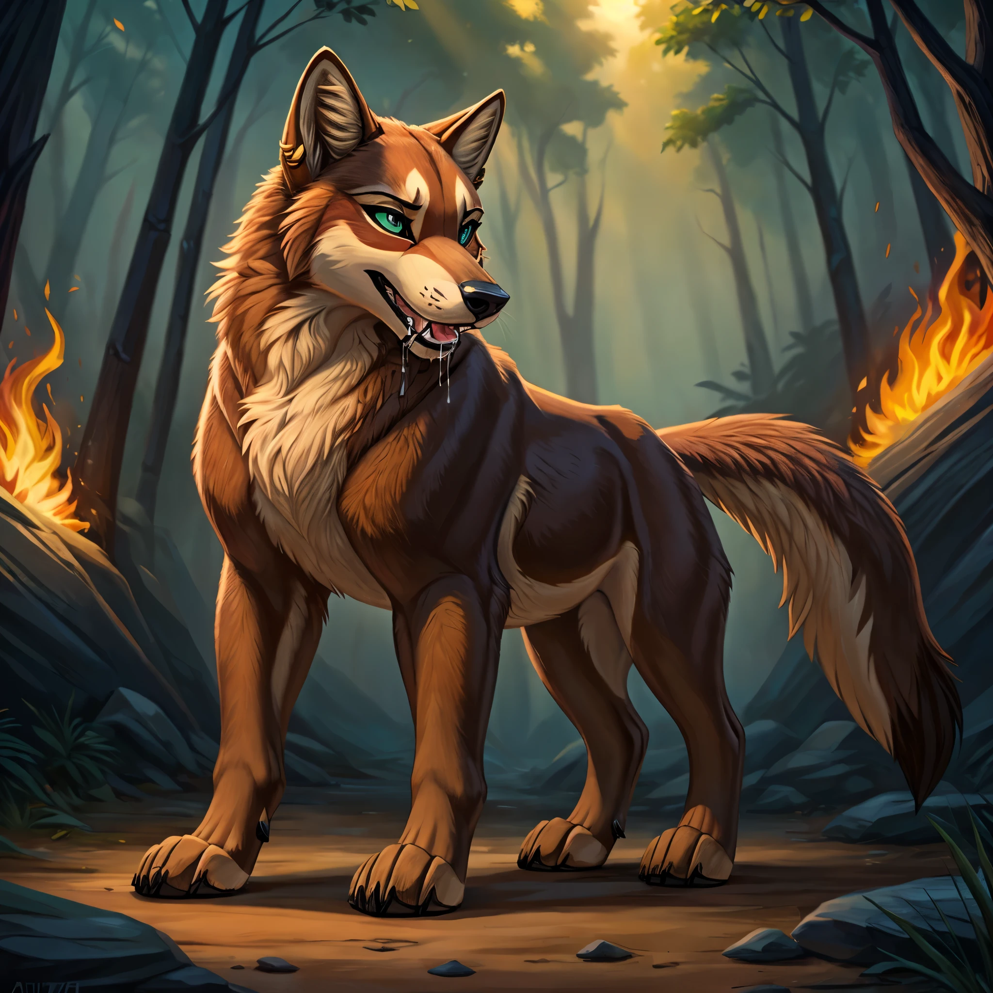 Imagine a singular character design for a 22-year-old female feral red wolf (Canis rufus) that perfectly captures a primal and authentic wild essence. Standing on all fours at 4'11", she showcases a thick, luxurious fur coat distinctly colored in the characteristic reddish, tawny brown of her species, with darker black markings tracing along her back. The fur lightens on her underparts, featuring shades of cream and beige around her chin, throat, and chest. Her tail, bushy and expressive, has the typical black tip of a red wolf.

Her snout is marked with a darker brown nose, and the fur transitions to beige on her lower jaw, with a lighter streak extending over her forehead and nasal bridge. Her captivating eyes are framed by deep, near-black eye cavities, featuring striking light green irises and black pupils, naturally enhancing her intense, wild gaze. A bold gold tongue stud piercing adds a touch of fierce independence to her appearance.

Her paws are solidly brown, contrasting with the vibrant tones of her body fur. Her long, fluffy striped tail is an emotional indicator, wagging with joy or drooping in sadness, responsive to her moods. Her ears, tuned to the slightest sounds, feature dark-brown inner fur and a beige outer rim. Her sensitive nose is adept at picking up the myriad scents of her environment, critical for her survival.

In her purely feral state, she wears no clothes, embodying the raw, untamed spirit of the wild red wolf. Despite her formidable exterior, she is highly adaptable, with survival skills honed from a raccoon-influenced past, including exceptional agility and resourcefulness in scavenging.

Leading a nomadic, homeless existence, solo,  she navigates life with resilience and a touch of vulnerability. By night, she utilizes her superior vision and hearing, thriving under the cover of darkness. Feral, zoophillia, beastiality, nsfw, sexy. Pose: drooling open maw extended tongue out. background: outside chaotic forest fire 