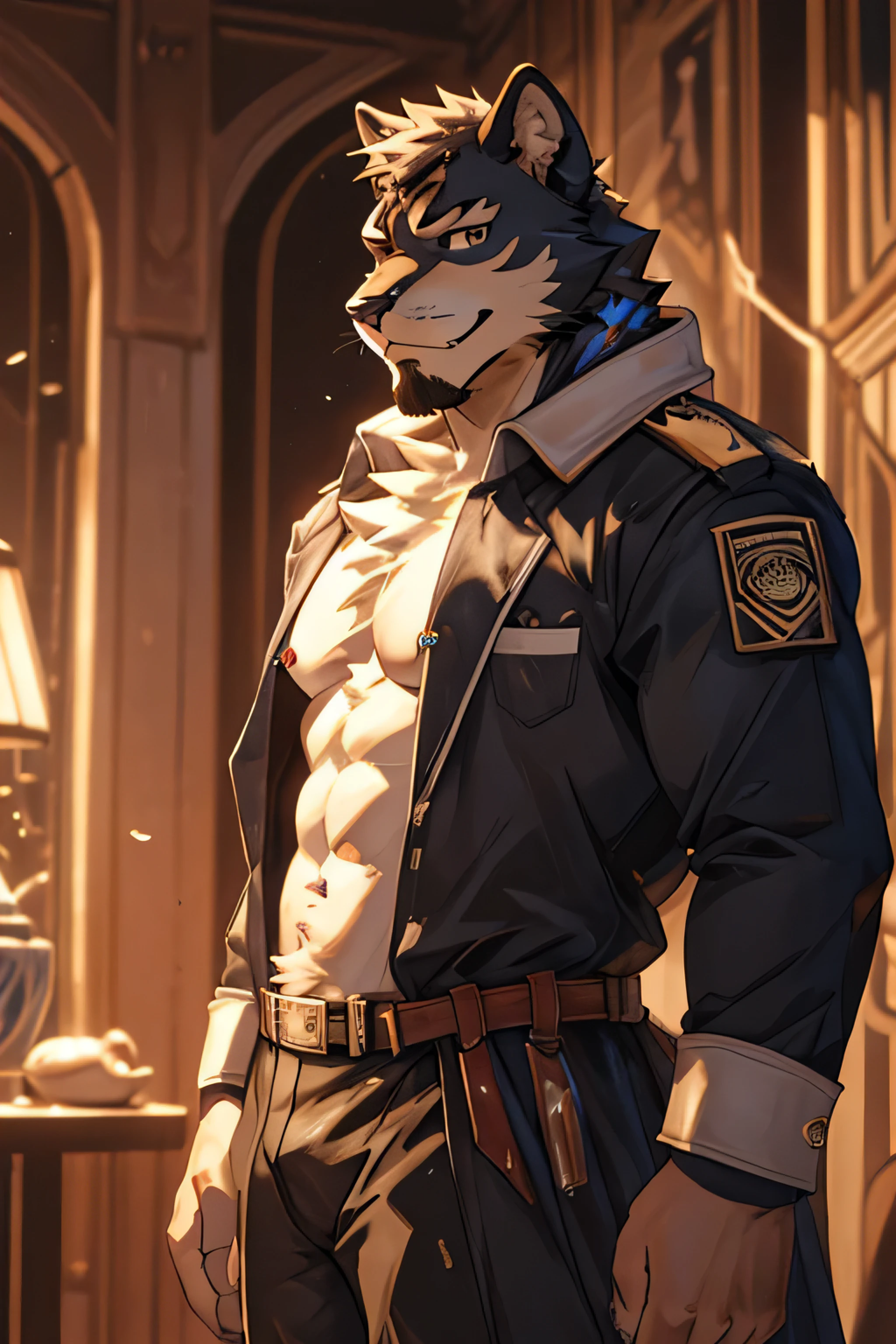 male, anthro, black panther, dad bod, nipple piercing, beard, smirk smug