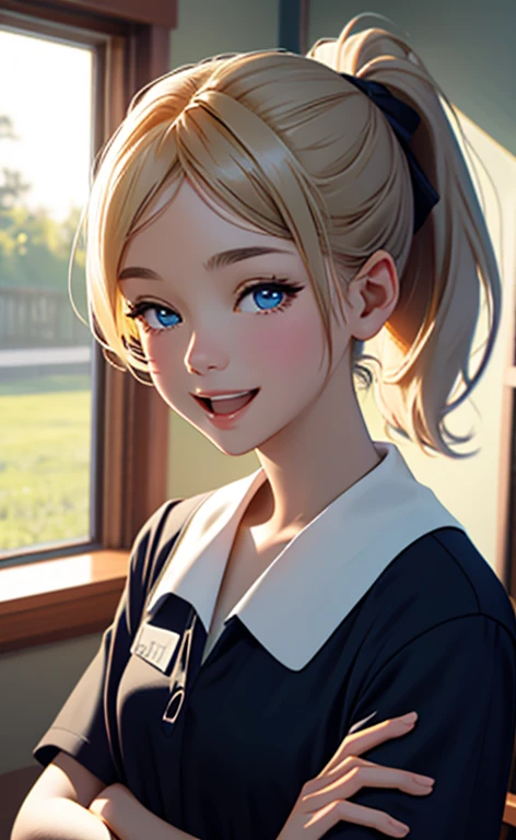 (realistic:1.4、masterpiece、top-quality、8k size wallpaper、offcial art)、(character focus、,upper body:1.6)、(1girl),(smile,Open mouth:1.3),(half closed eyes),cute face,blue eyes、(arms behind back:1.3)、
,(stand),(Shining smile),
,(slender),(school uniform),(ponytail、long fluorescence blonde hair1.3), (small breasts)、
、fluorescence、classroom,JK、