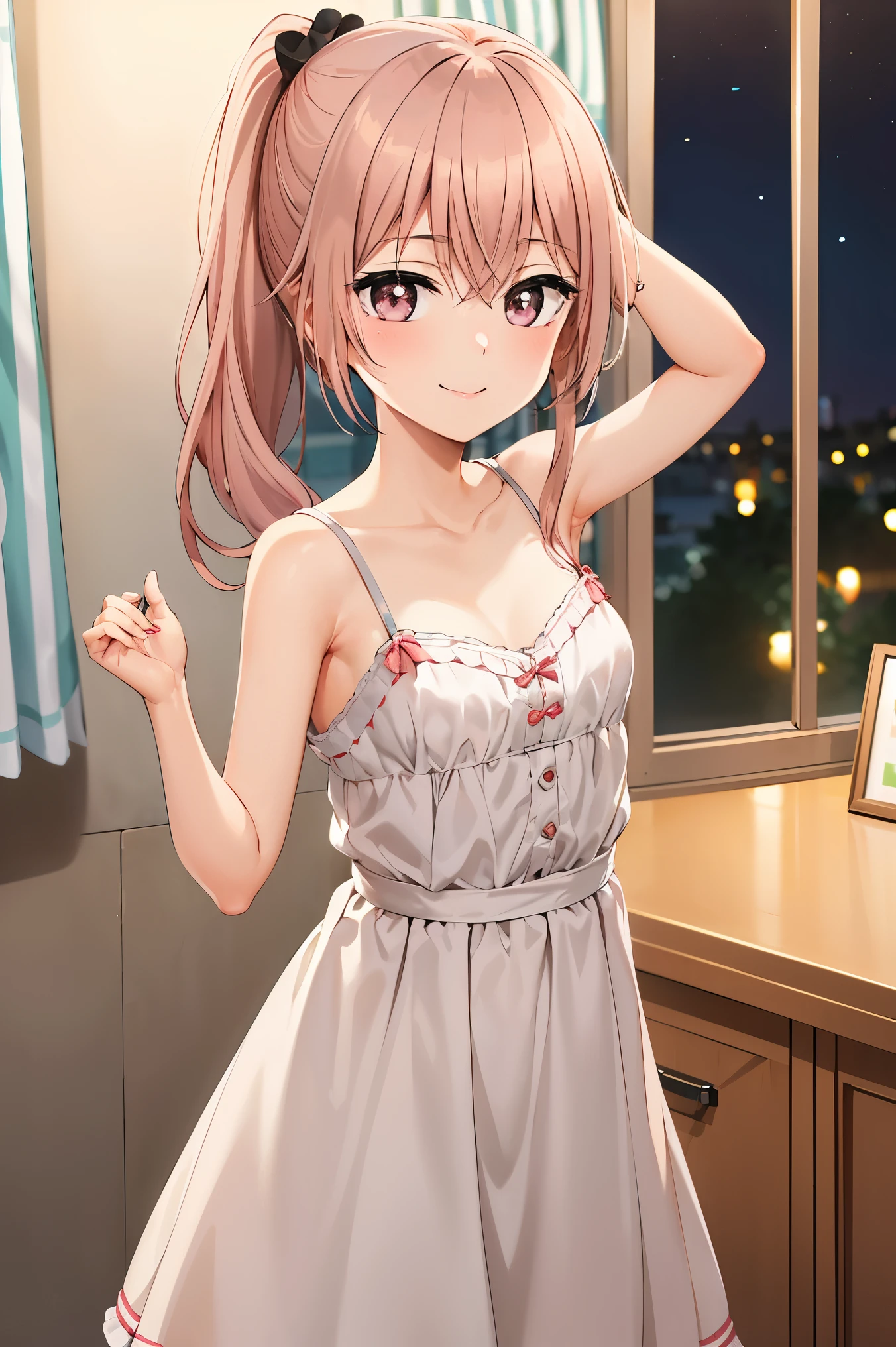 best quality, (masterpiece:1.2), detailed, inui sajuna juju, 1girl, solo, closed mouth, smile, blush, small breasts pink hair, pink eyes, long hair, side ponytail, pink dress, collarbone, spaghetti strap, looking at the viewer, armpits indoors, room, , night