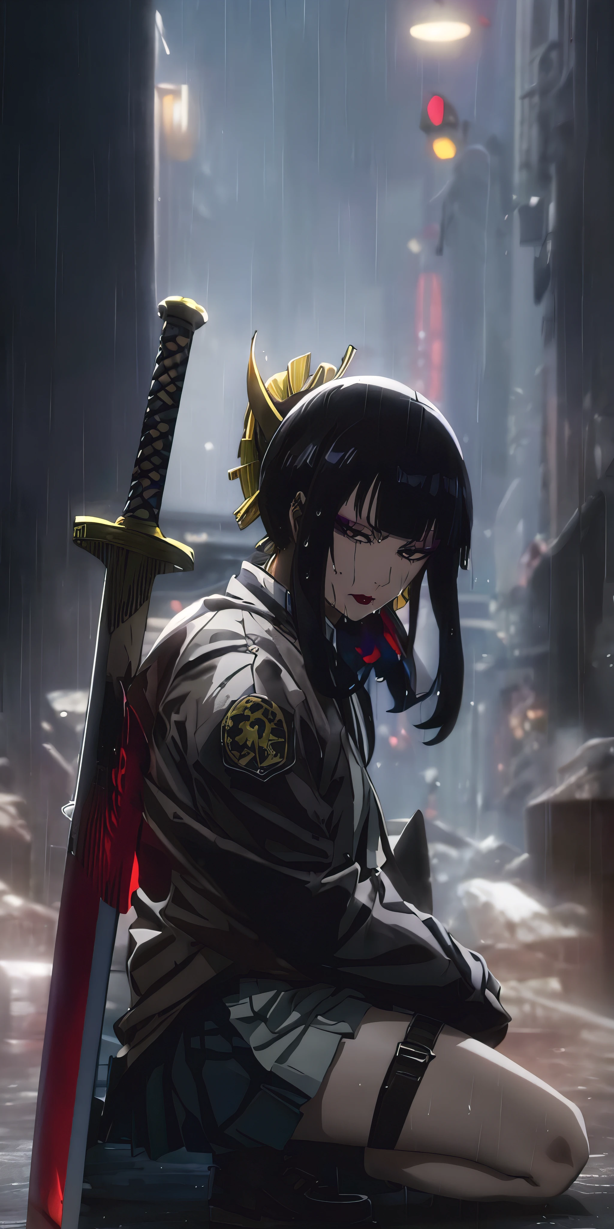 senjumaru shutara, long hair, bangs, blunt bangs, black hair, sidelocks, (black eyes:1.5), makeup, lipstick, red lipstick, anatomically correct, heavy breathing, mature female, anime girl kneeling down with a sword in her back, weapon, sword,  1girl, sheath,  solo, sheathed, looking_at_viewer, skirt, thigh_strap, shoes, jacket, blurry, rain, piercing, outdoors, dim light, (cinematic:1.2), kneeling, teachwear jacket, miniskirt, "glow effects, godrays, Hand drawn, render, 8k, octane render, cinema 4d, blender, dark, atmospheric 4k ultra detailed, cinematic, Sharp focus, big depth of field, Masterpiece, colors, 3d octane render, 4k, concept art, trending on artstation, hyperrealistic, Vivid colors, extremely detailed CG unity 8k wallpaper, trending on CGSociety, Intricate, High Detail, dramatic", (shaded face:1.2), hollow eyes, brown eyes, looking at viewer, (heavy breathing:1.2), makeup, sullen , lipstick, looking at viewer, nsfw, gloowing eyes, wet