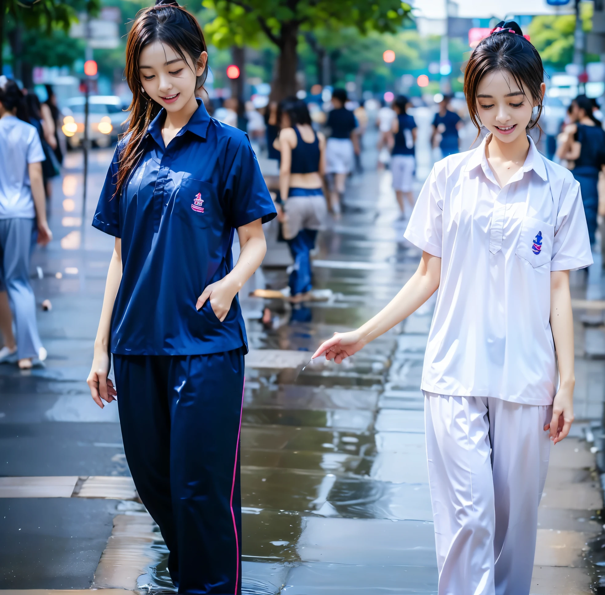 Songkran, wet street , A very realistic girl, wet soaked, drop, wet clothes, wet skin, wet hair, 8k, Masterpiece, realistic, beautiful,purple efficiency,Navy trousers,wet:1.5,dirty white powder