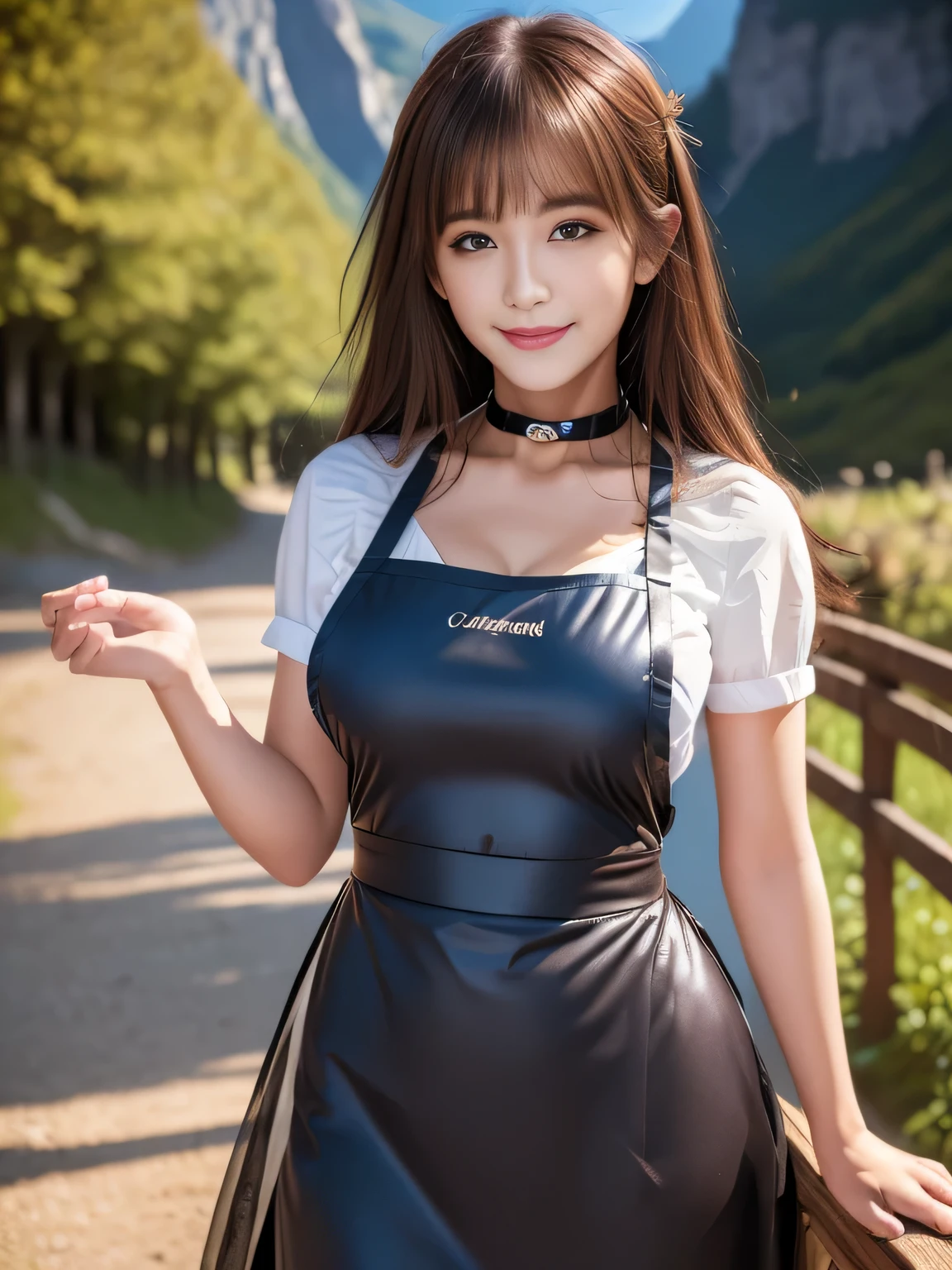 ((highest quality, 8k, Representative works in detail, Ultra-high resolution)), (Looking at the audience), (Cowboy Shot), Attractive woman, ((Big Breasts)),  smile, ((black choker)), Slim figure, (Blue contacts), Long eyelashes, bangs, Beautiful shiny brown hair, Nogizaka Idol, Slim face、((Outdoor、mountain path、apron))