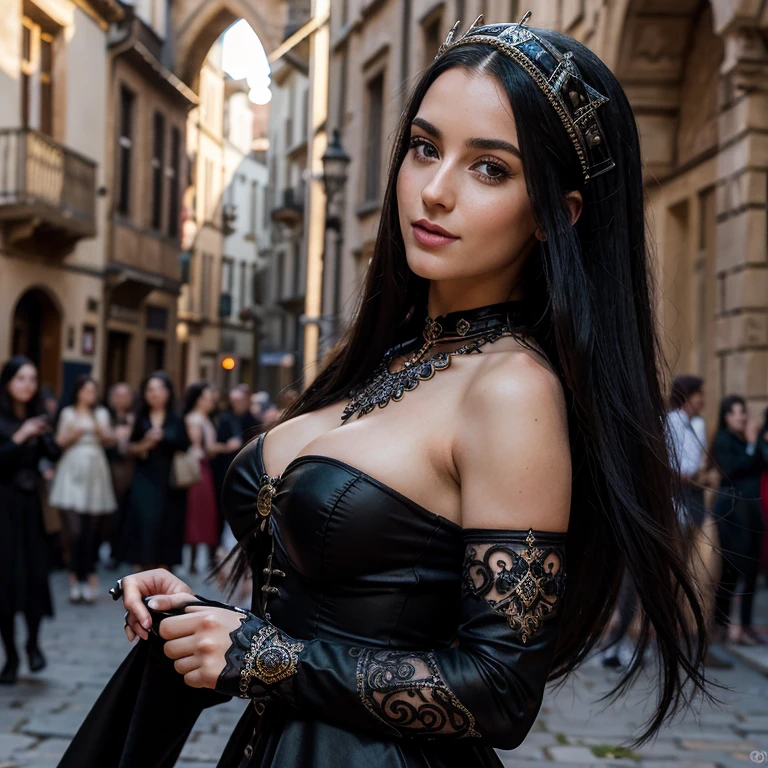 1 woman, European face, European eyes, dancing in a medieval town, ultra detailed face and eyes, hyperrealistic, detailed representation, long black hair, pretty face, 30 years old, wearing a long black baroque dress, wearing a long black baroque dress, dancing at a gothic festival, gothic Style, full body view