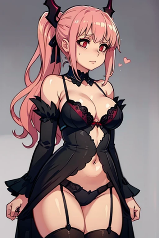 art by kipteitei, 1girl, pink hair, hair up long and wavy cascading down shoulders, red eyes, succubus, black lingerie, horny, (best quality, masterpiece)