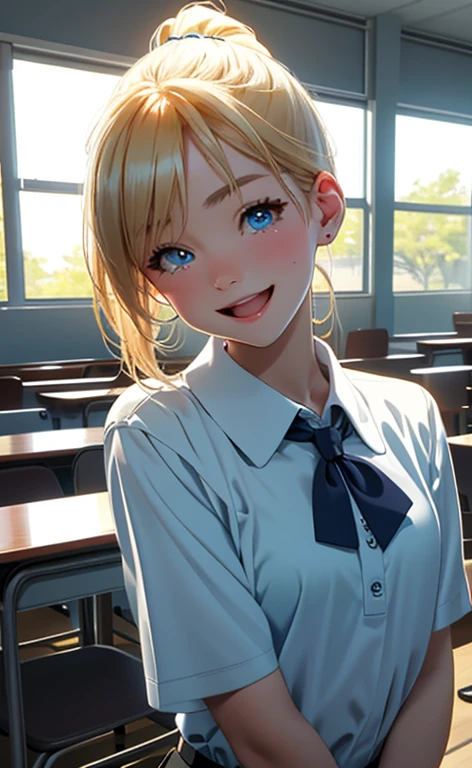 (realistic:1.4、masterpiece、top-quality、8k size wallpaper、offcial art)、(character focus、,upper body:1.6)、(1girl),(smile,Open mouth:1.3),(half closed eyes),cute face,blue eyes、(arms behind back:1.3)、
,(stand),(Shining smile),
,(slender),(school uniform),(ponytail、long fluorescence blonde hair1.3), (small breasts)、
、fluorescence、classroom,JK、