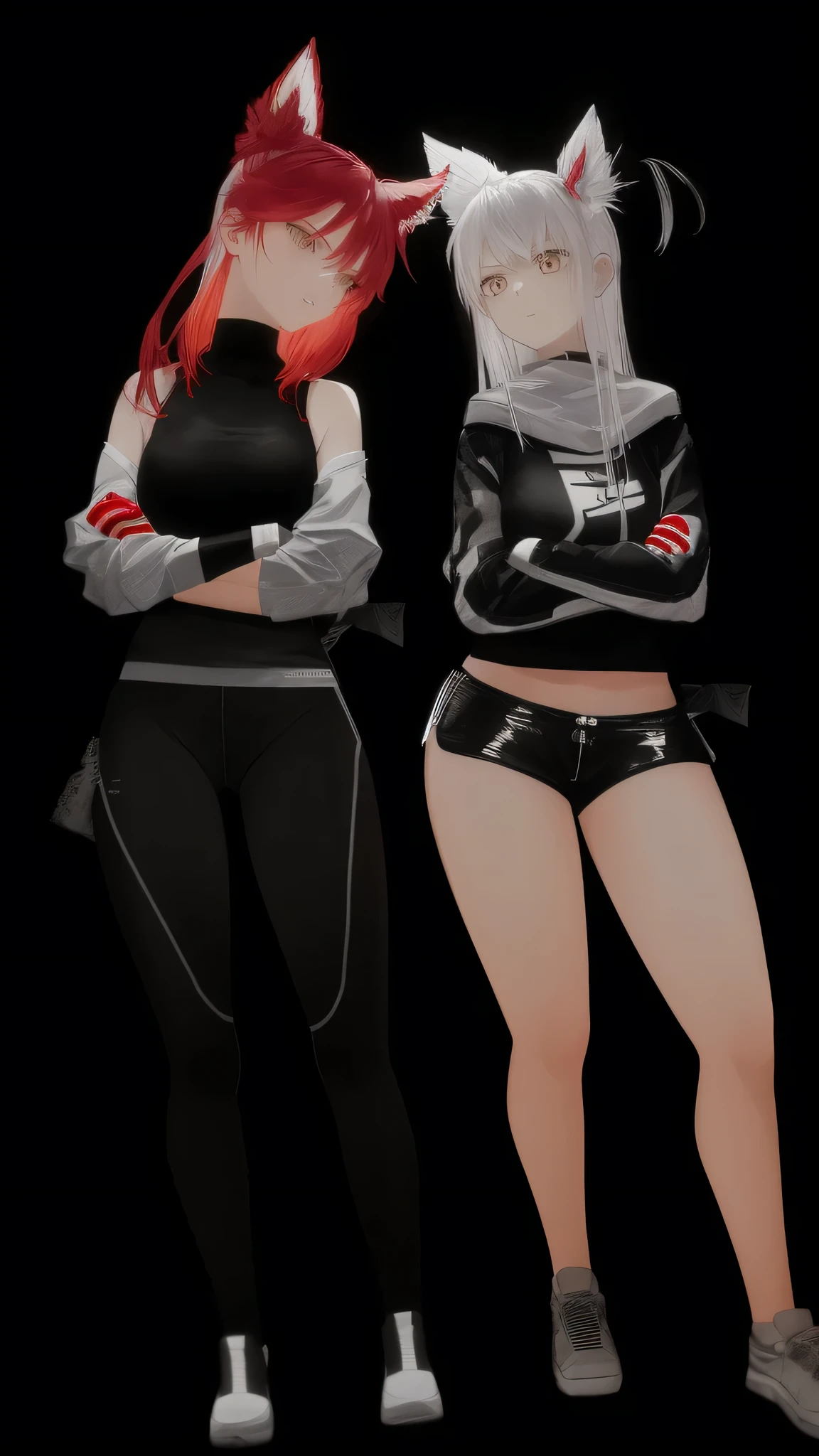 2girls, red hair, white hair tips, black leggings, black short shorts, crossed arms, full body, standing, black background